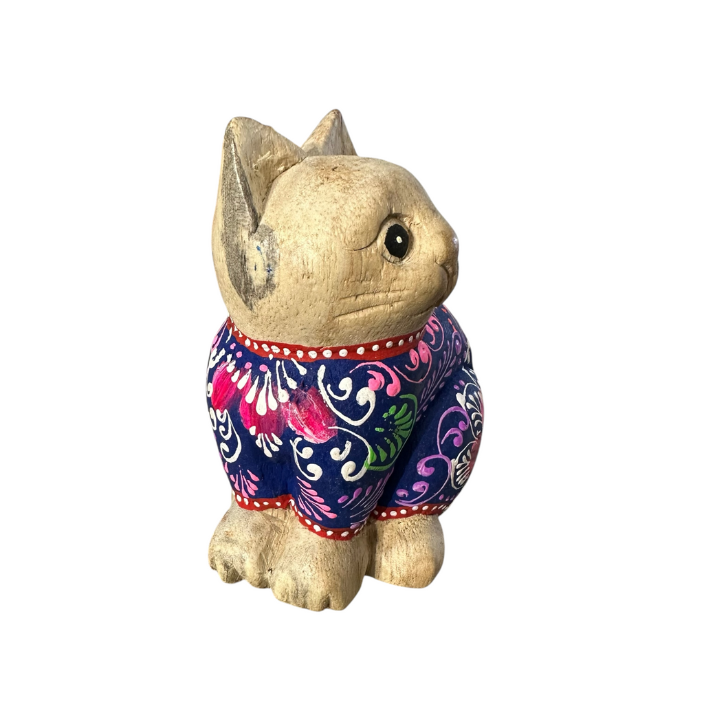 Hand-Carved Wooden Cat Figurine with Hand-Painted Floral Design Twilight Orchid Cat Music Frog Co