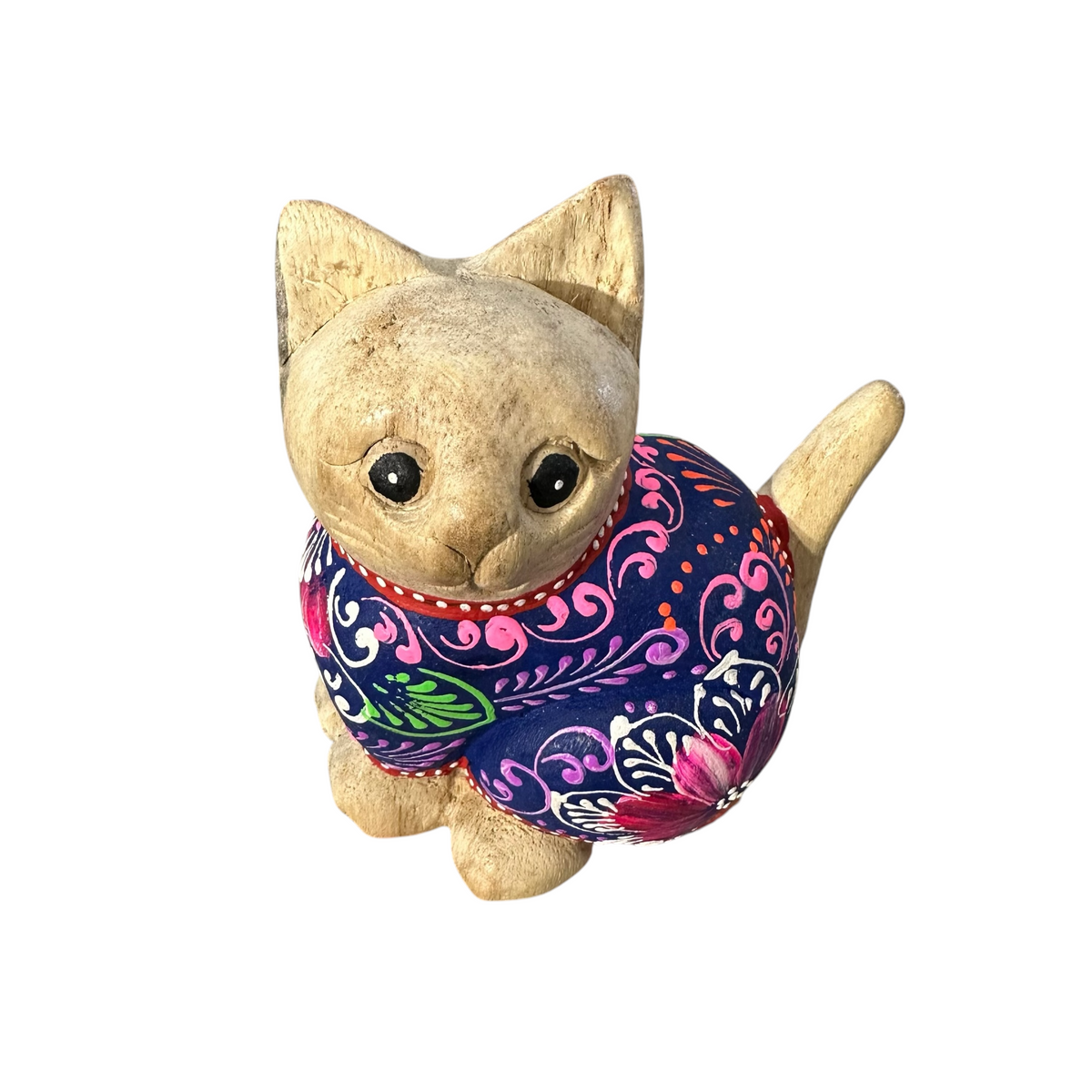 Hand-Carved Wooden Cat Figurine with Hand-Painted Floral Design Twilight Orchid Cat Music Frog Co