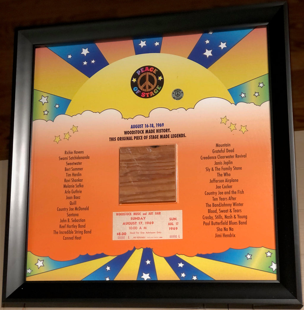 Stage Made Legends Frame With Piece of 1969 Woodstock Stage and Original Ticket Peace Of Stage LLC