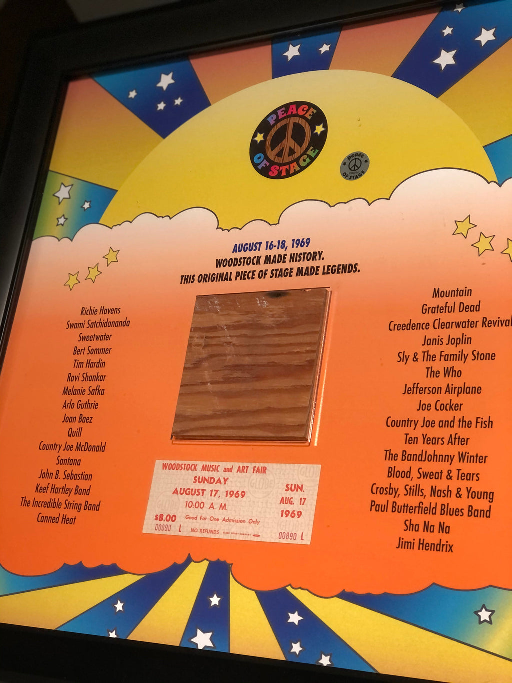 Stage Made Legends Frame With Piece of 1969 Woodstock Stage and Original Ticket Peace Of Stage LLC
