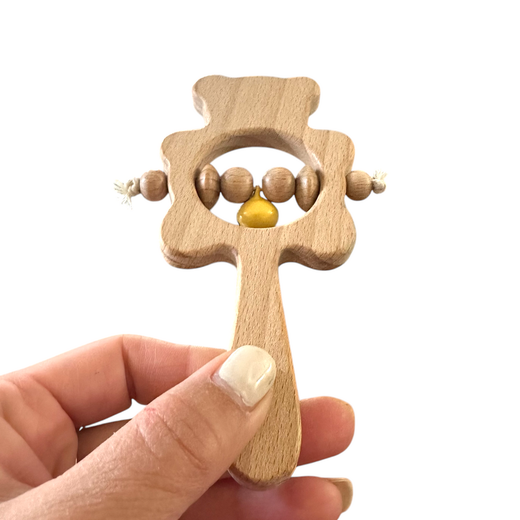 Wooden Bear Rattle Shaker – Yellow Bell Edition Music Frog Co