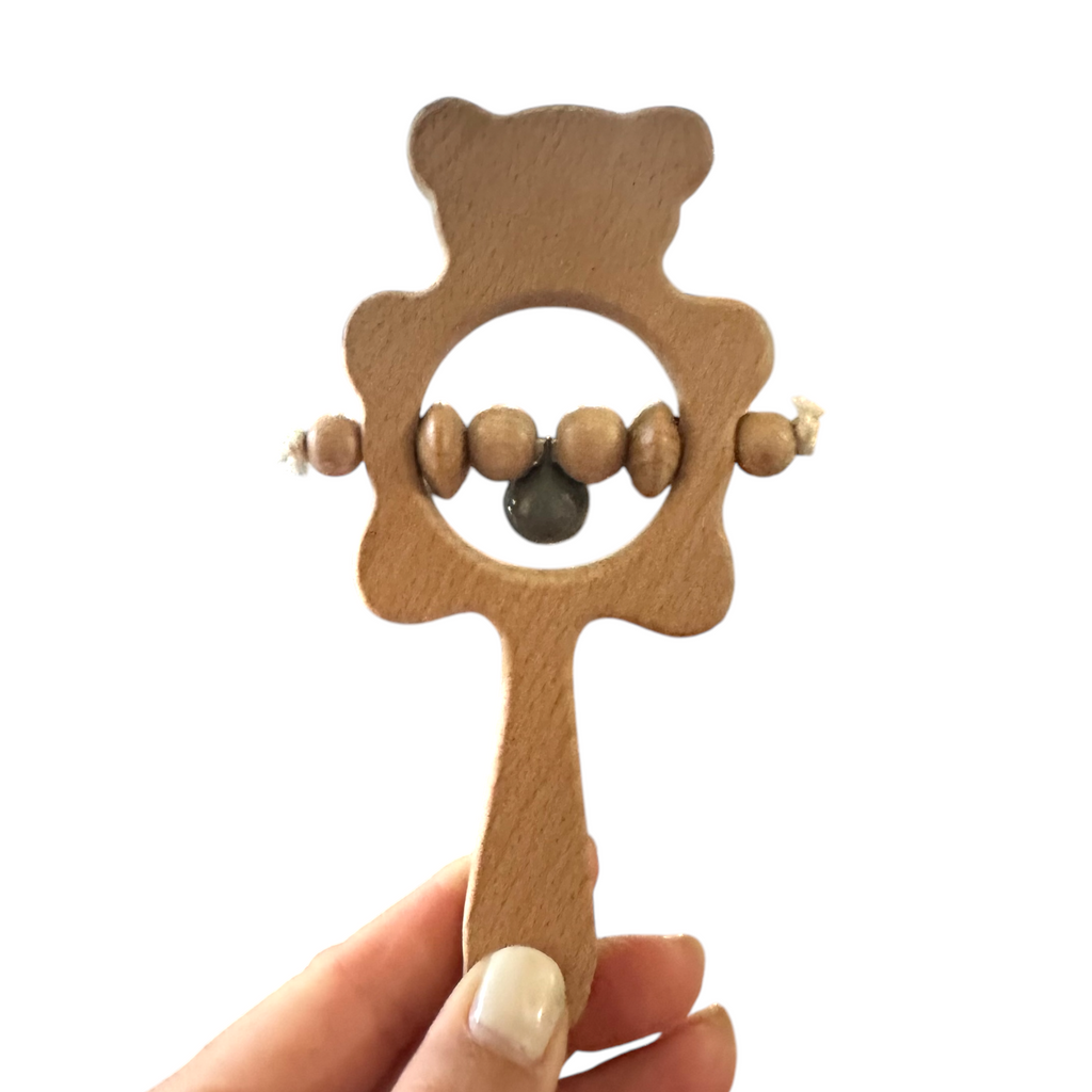 Wooden Bear Rattle Shaker – Gray Bell Edition Music Frog Co