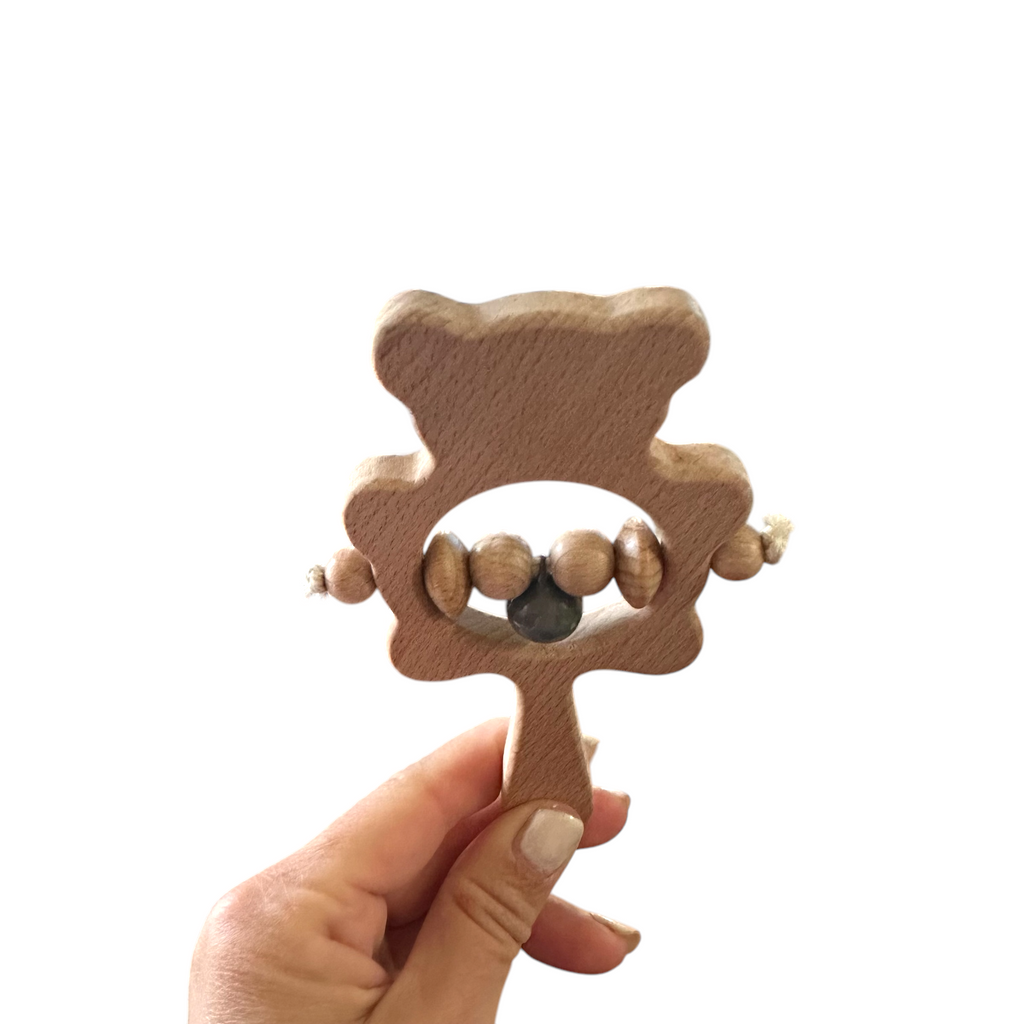 Wooden Bear Rattle Shaker – Gray Bell Edition Music Frog Co