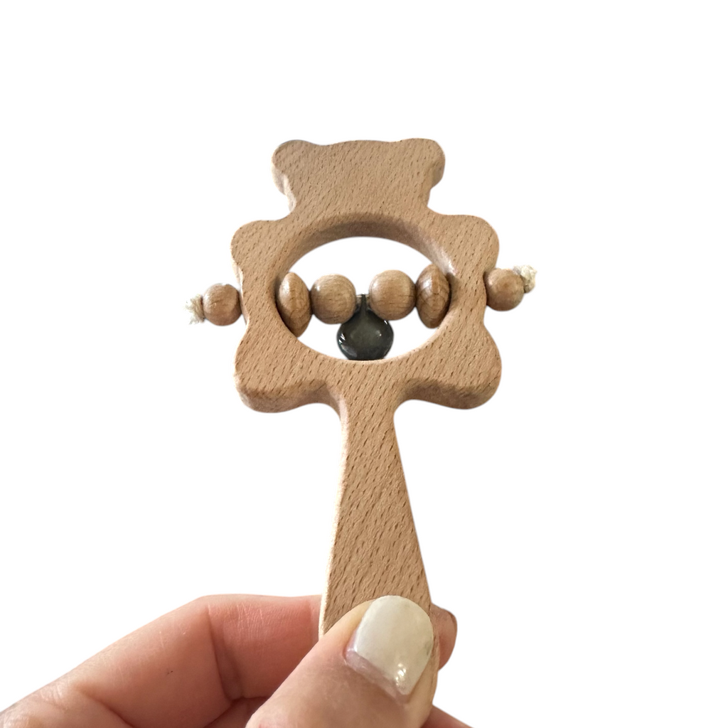 Wooden Bear Rattle Shaker – Gray Bell Edition Music Frog Co