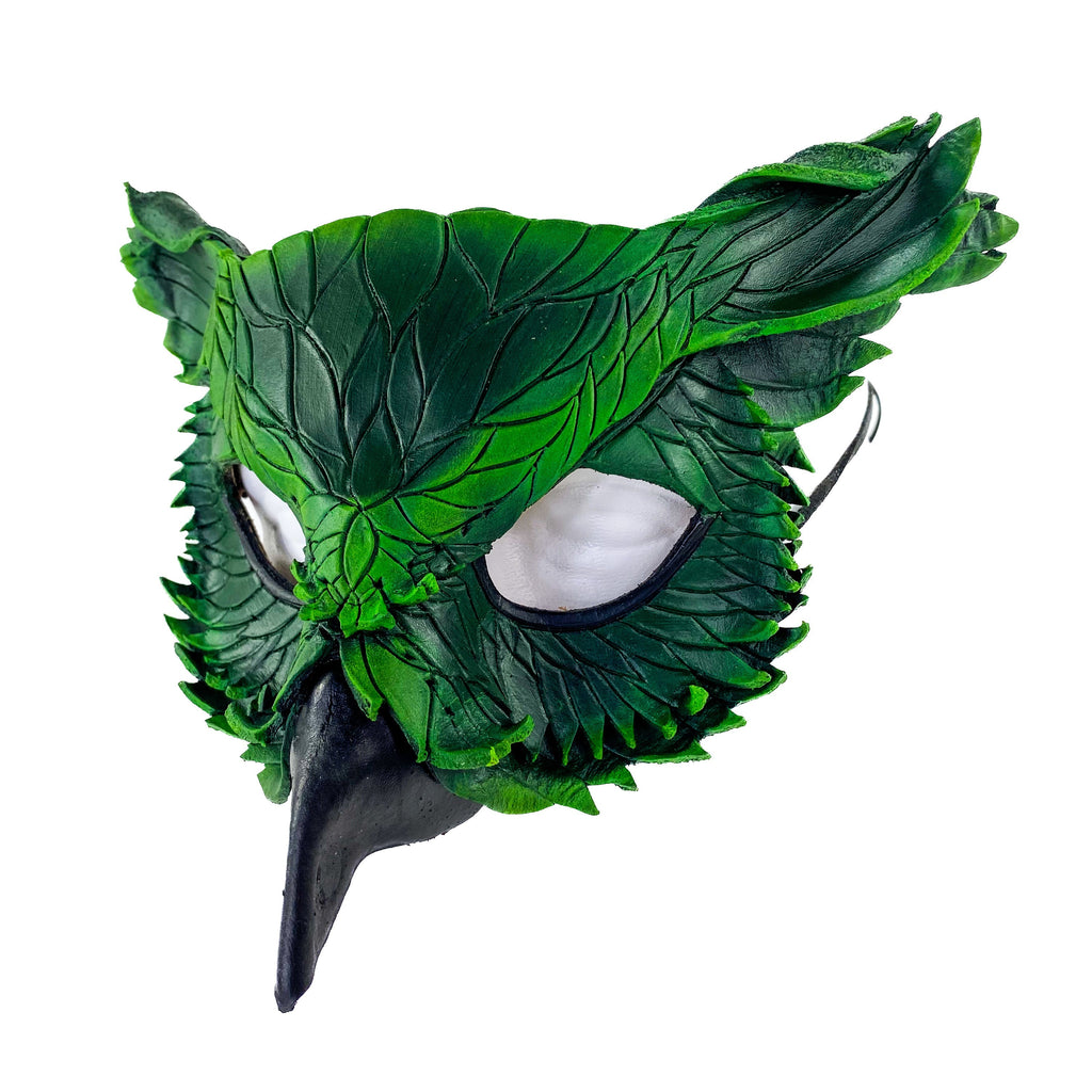 Layered Horned Owl Handmade Genuine Leather Mask in Green Rockwell Masks
