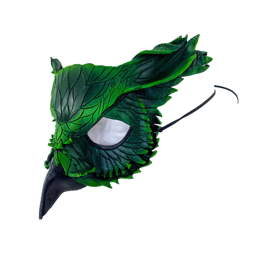 Layered Horned Owl Handmade Genuine Leather Mask in Green Rockwell Masks