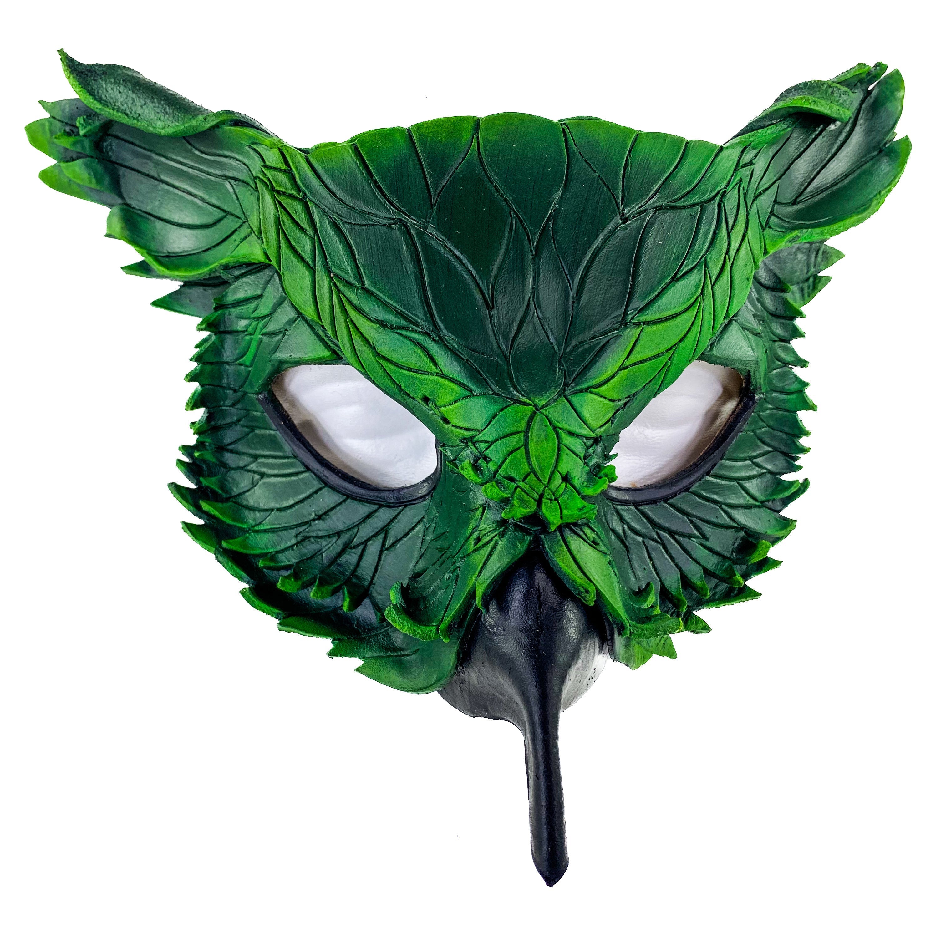 Layered Horned Owl Handmade Genuine Leather Mask in Green Rockwell Masks