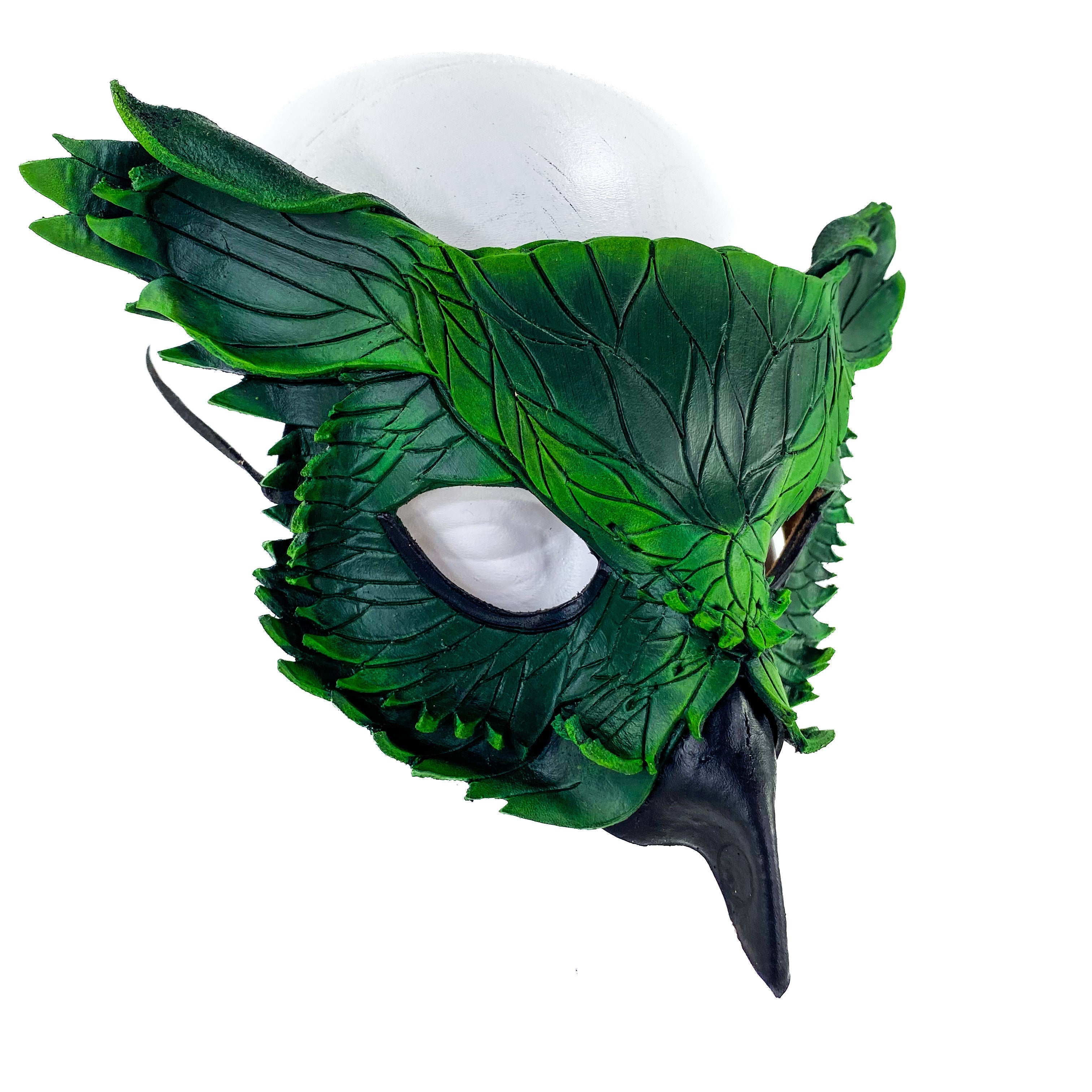 Layered Horned Owl Handmade Genuine Leather Mask in Green Rockwell Masks