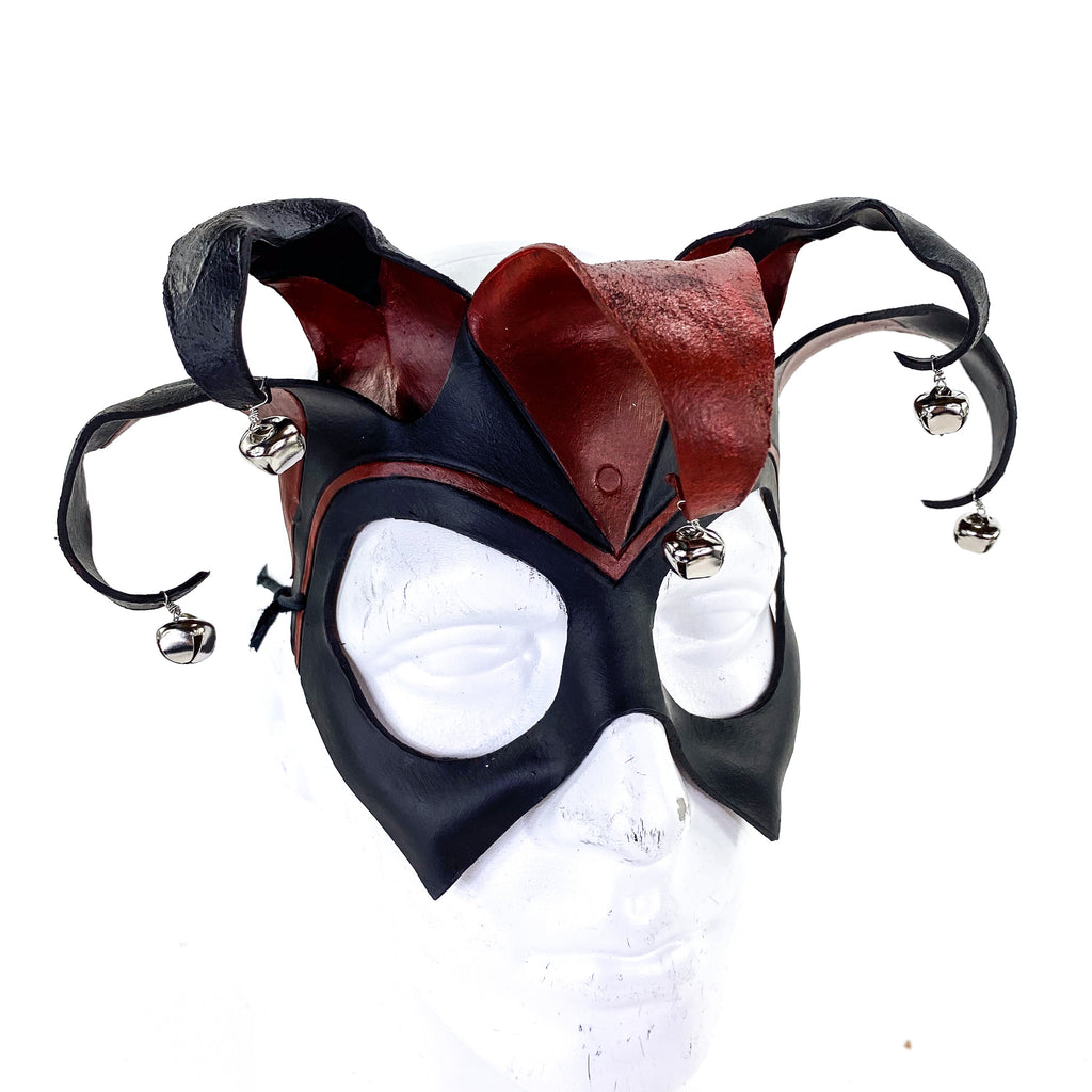 Ready to Ship - Handmade Genuine Leather Five Point Jester Mask in Red and Black with Silver Bells Rockwell Masks