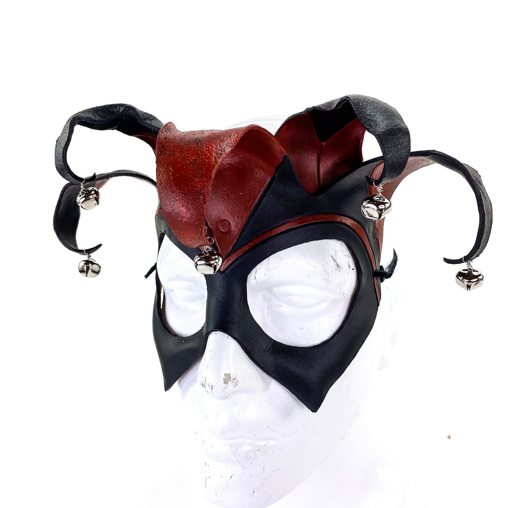 Ready to Ship - Handmade Genuine Leather Five Point Jester Mask in Red and Black with Silver Bells Rockwell Masks