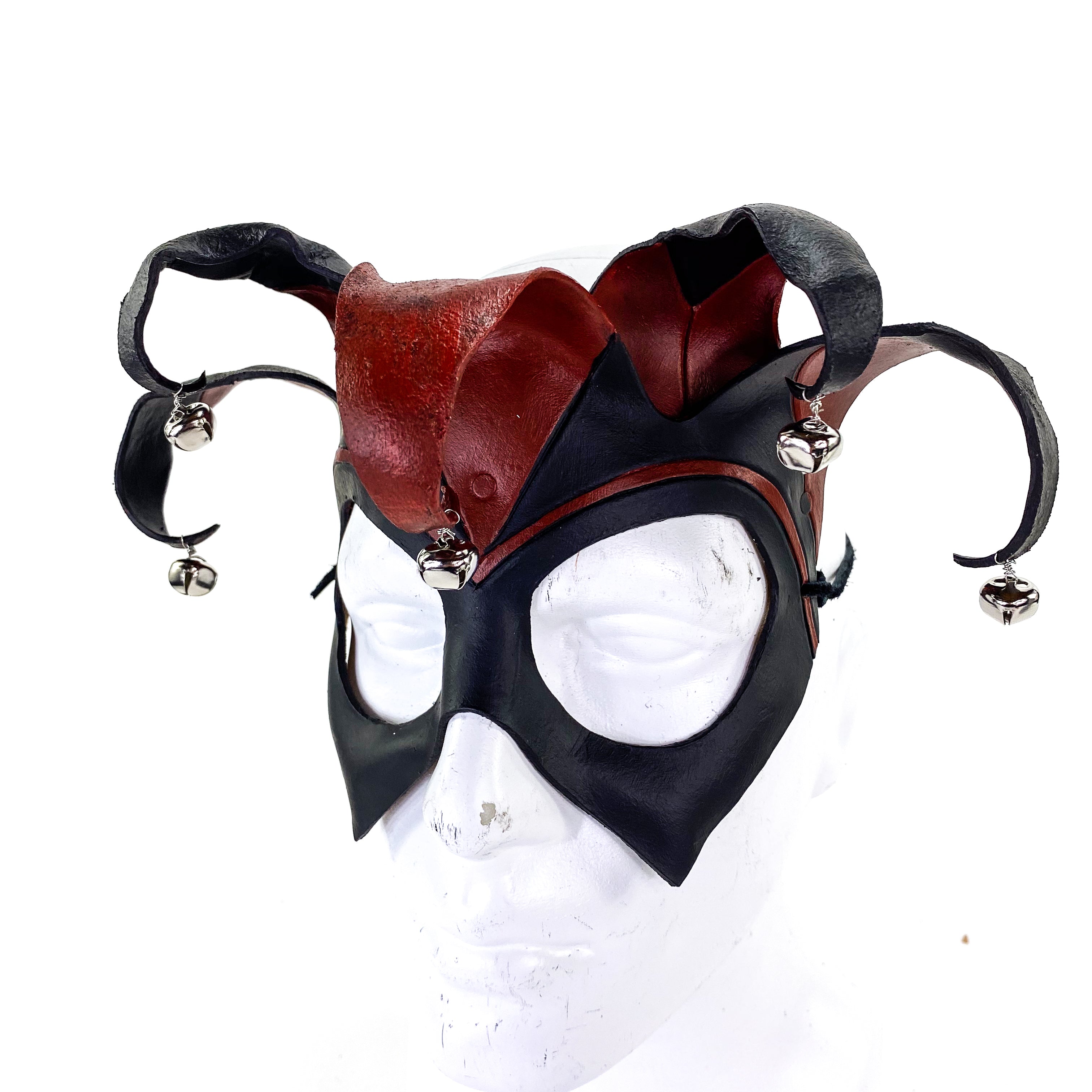 Ready to Ship - Handmade Genuine Leather Five Point Jester Mask in Red and Black with Silver Bells Rockwell Masks