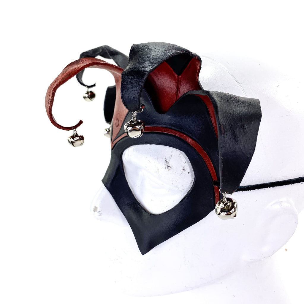 Ready to Ship - Handmade Genuine Leather Five Point Jester Mask in Red and Black with Silver Bells Rockwell Masks
