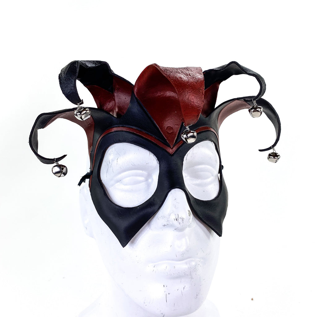 Ready to Ship - Handmade Genuine Leather Five Point Jester Mask in Red and Black with Silver Bells Rockwell Masks