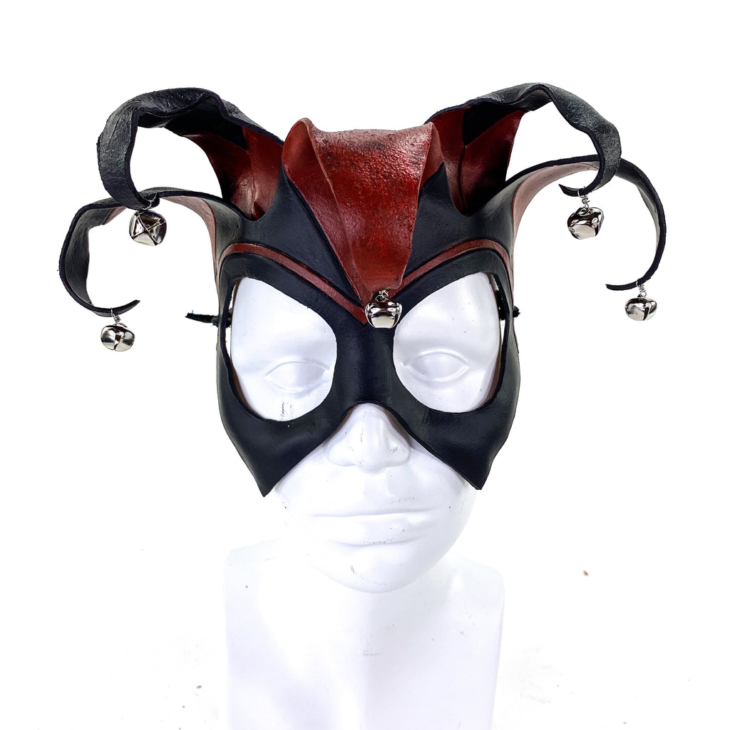 Ready to Ship - Handmade Genuine Leather Five Point Jester Mask in Red and Black with Silver Bells Rockwell Masks
