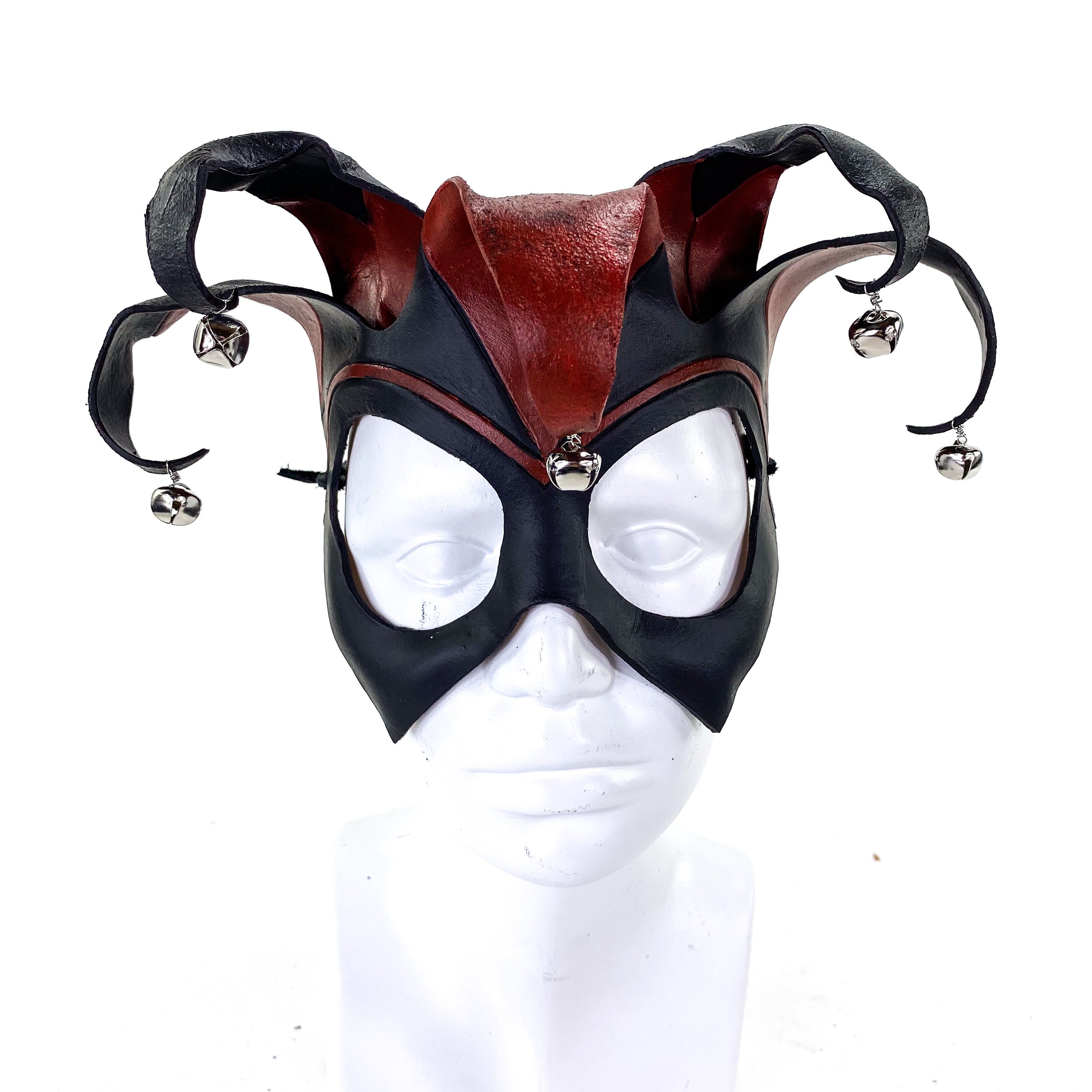 Ready to Ship - Handmade Genuine Leather Five Point Jester Mask in Red and Black with Silver Bells Rockwell Masks