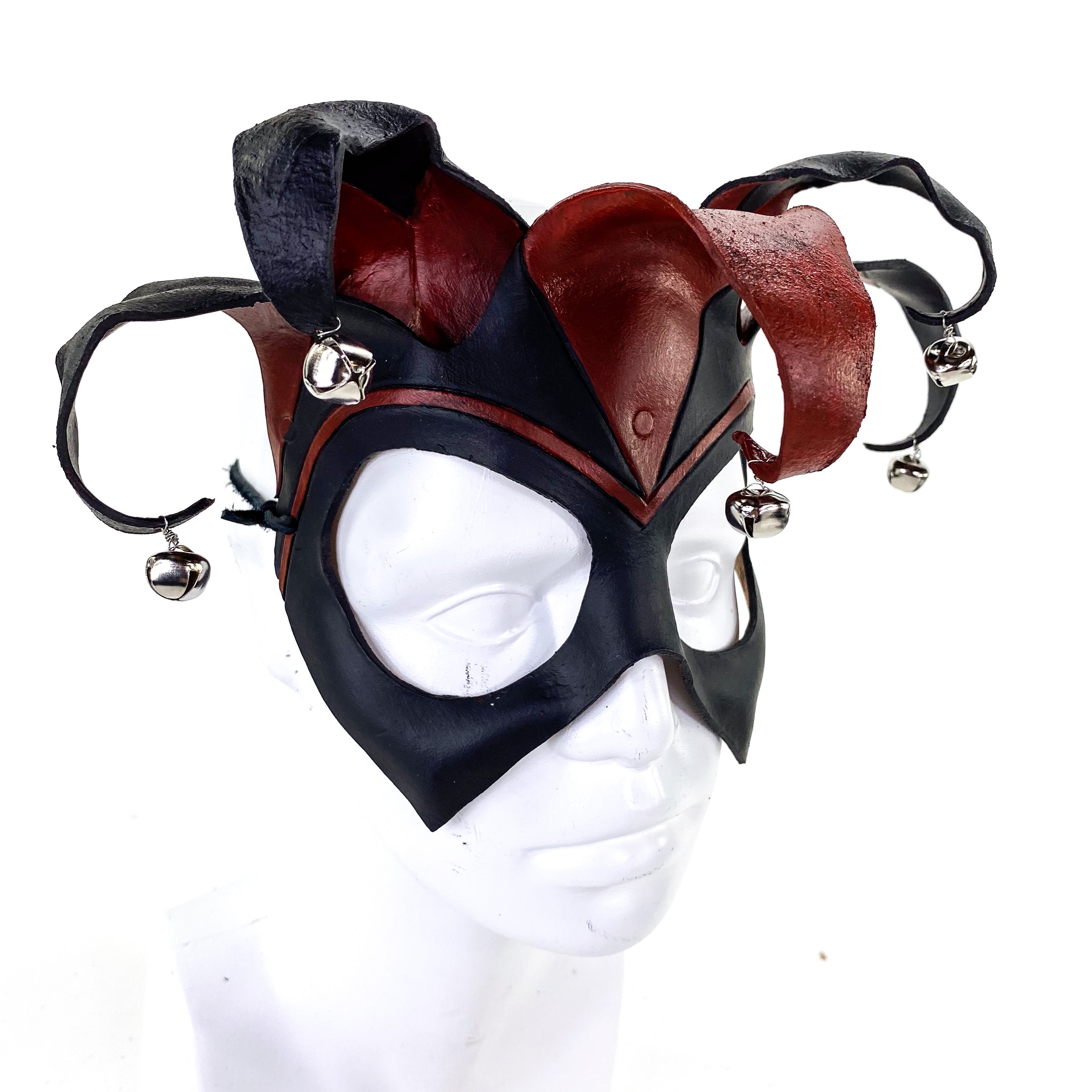 Ready to Ship - Handmade Genuine Leather Five Point Jester Mask in Red and Black with Silver Bells Rockwell Masks