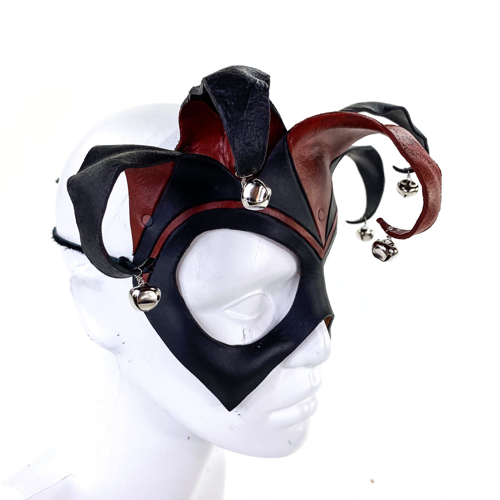 Ready to Ship - Handmade Genuine Leather Five Point Jester Mask in Red and Black with Silver Bells Rockwell Masks