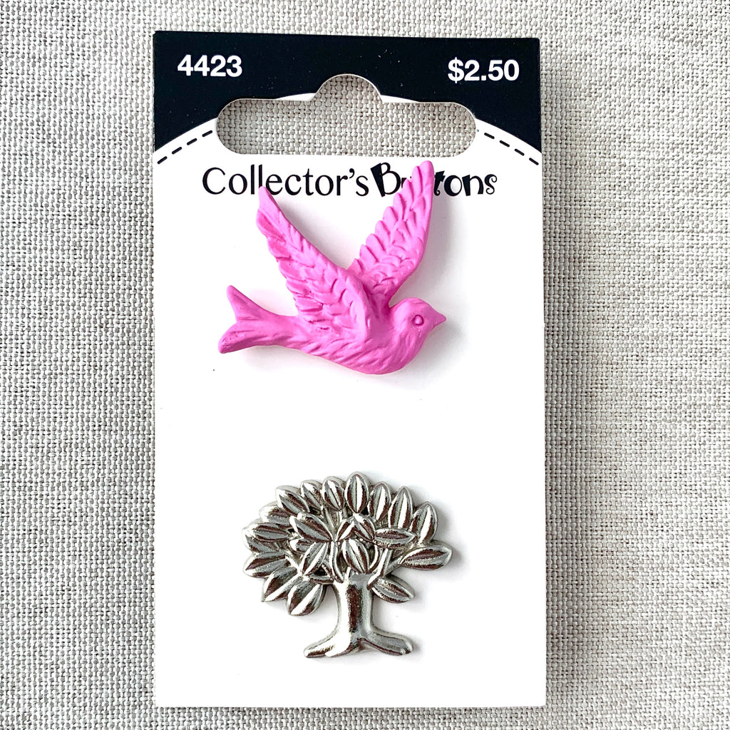4423 Bird and Tree - Collectors Buttons - 1 Hole Shank Buttons - 25mm 32mm - Pink Silver The Attic Exchange