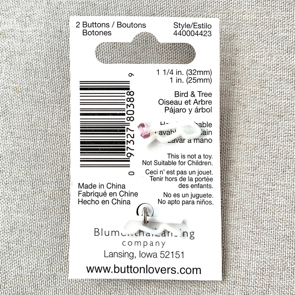 4423 Bird and Tree - Collectors Buttons - 1 Hole Shank Buttons - 25mm 32mm - Pink Silver The Attic Exchange