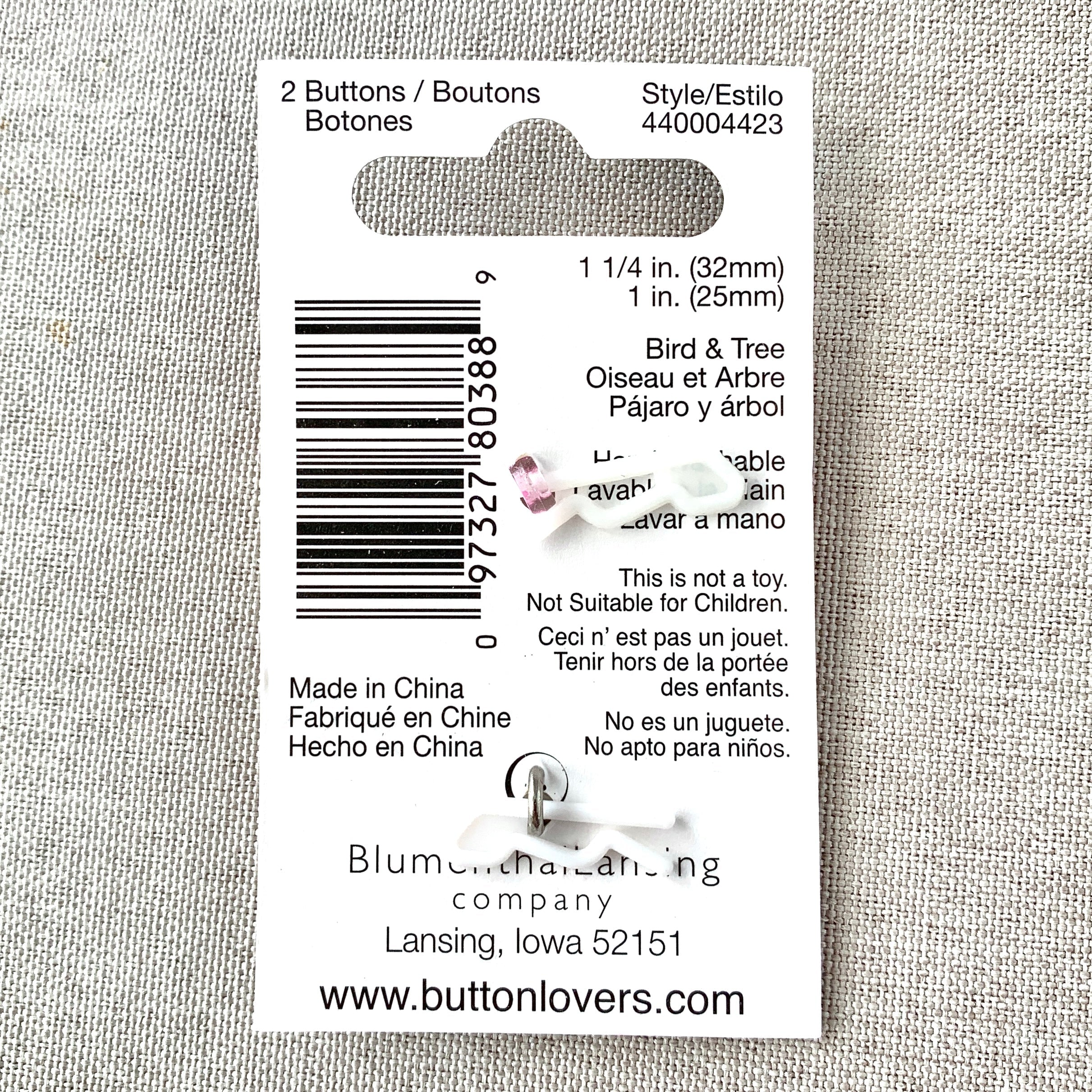 4423 Bird and Tree - Collectors Buttons - 1 Hole Shank Buttons - 25mm 32mm - Pink Silver The Attic Exchange