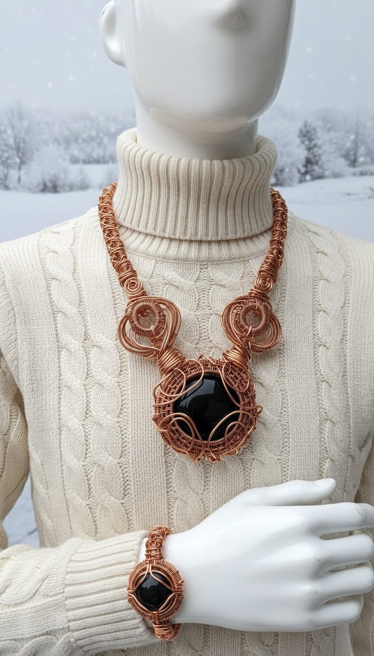 Black Obsidian Copper Wire Wrapped Protection Amulet And Bracelet Set The Vibez Shop