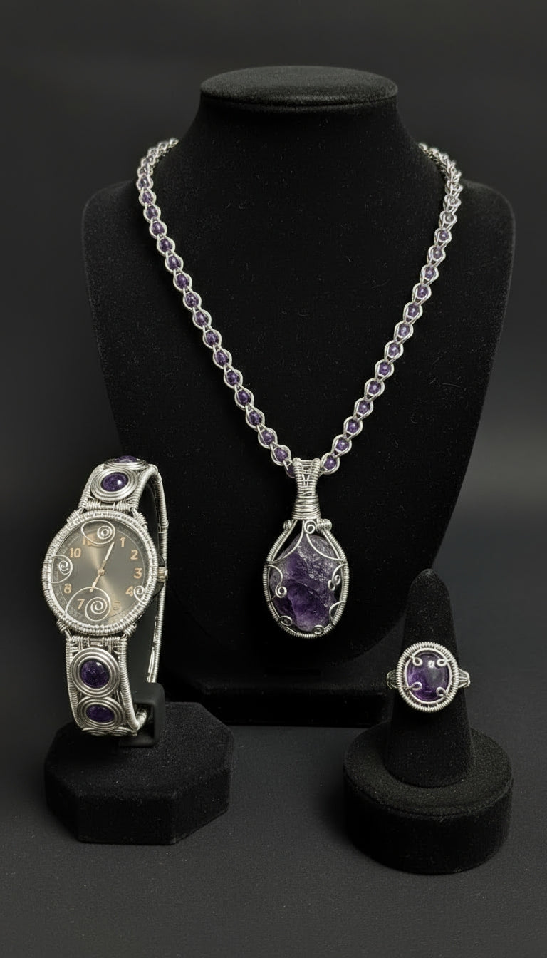 Custom Wire Wrapped Amethyst Watch Necklace And Ring Set The Vibez Shop