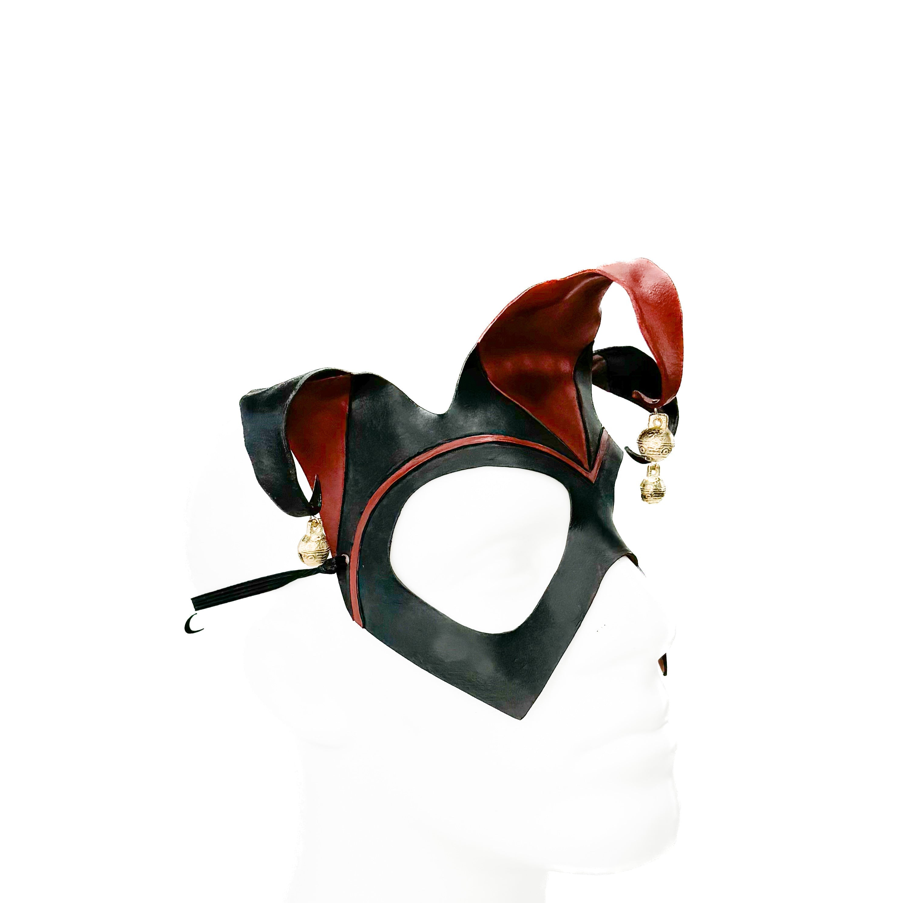 Handmade Genuine Leather Jester Mask in Red and Black With Tibetan Style Bronze Bells Rockwell Masks