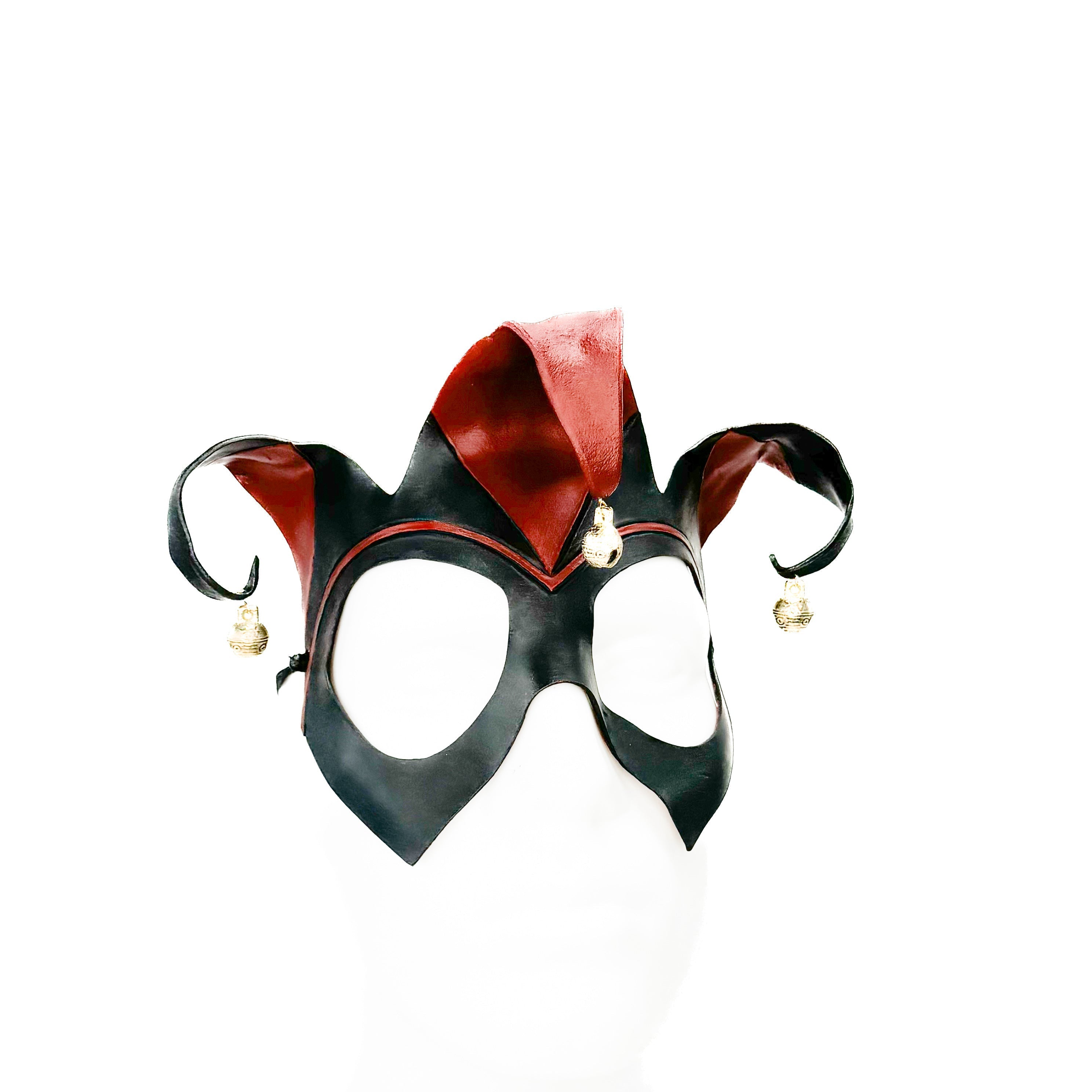 Handmade Genuine Leather Jester Mask in Red and Black With Tibetan Style Bronze Bells Rockwell Masks