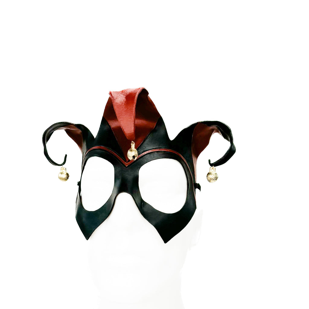 Handmade Genuine Leather Jester Mask in Red and Black With Tibetan Style Bronze Bells Rockwell Masks
