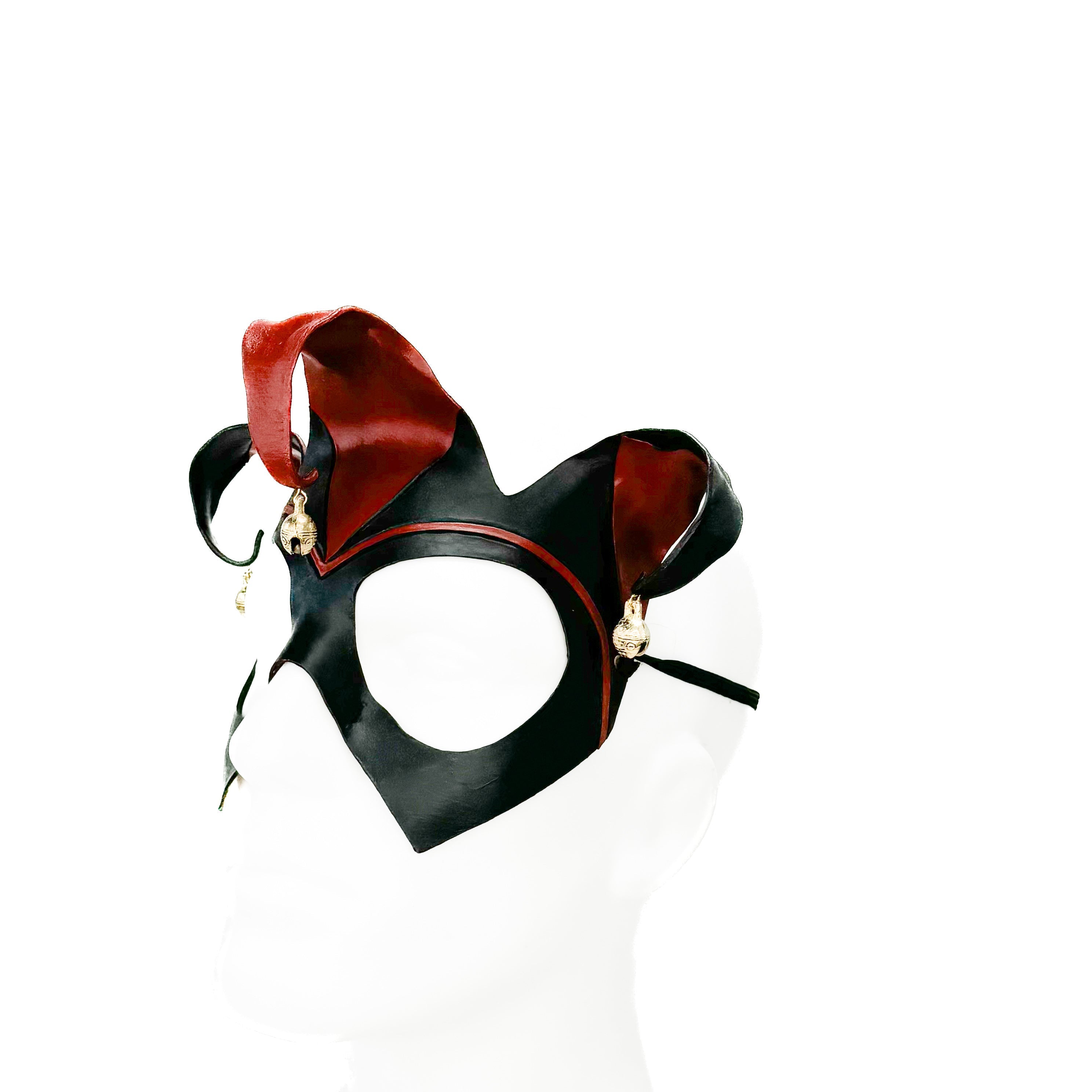 Handmade Genuine Leather Jester Mask in Red and Black With Tibetan Style Bronze Bells Rockwell Masks