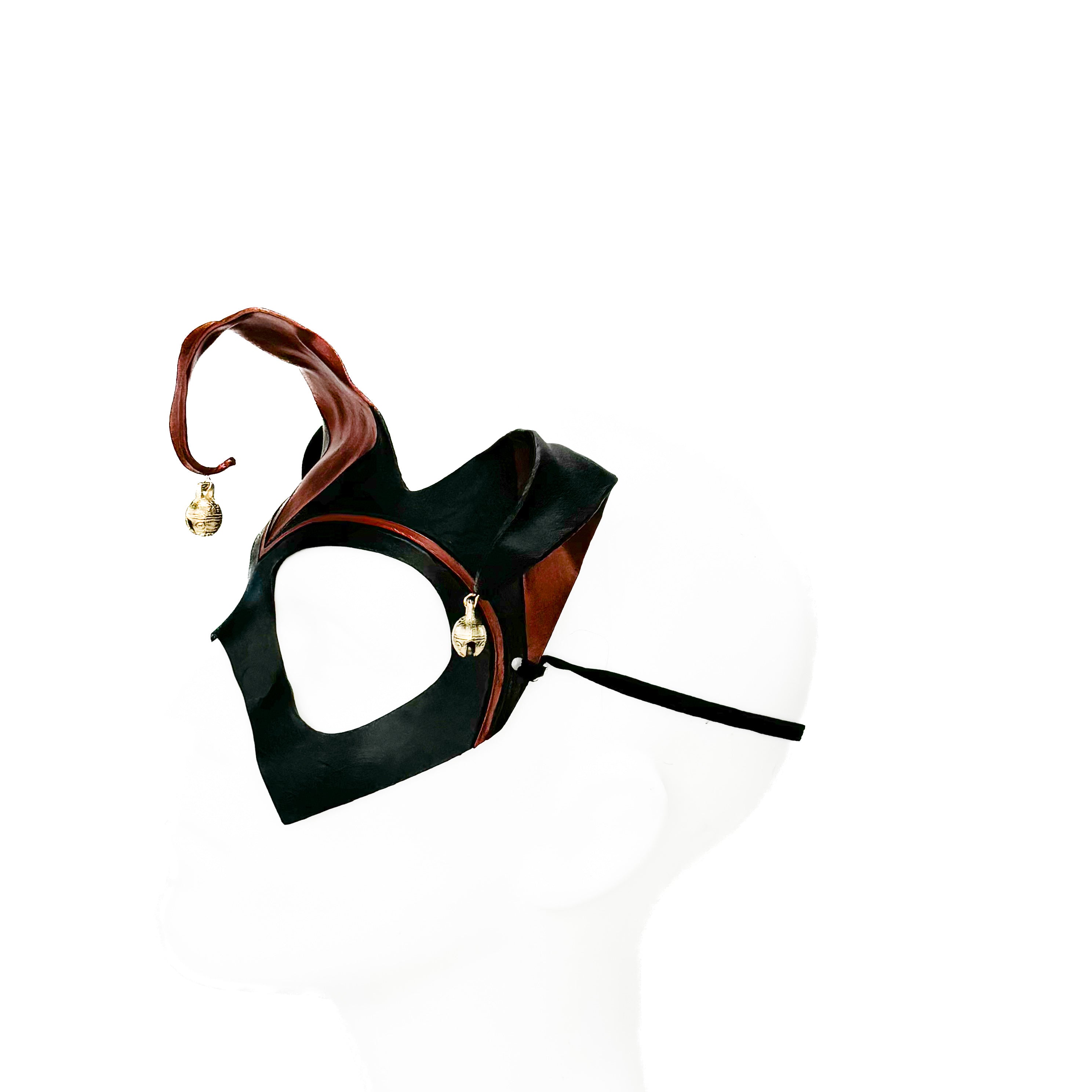 Handmade Genuine Leather Jester Mask in Red and Black With Tibetan Style Bronze Bells Rockwell Masks
