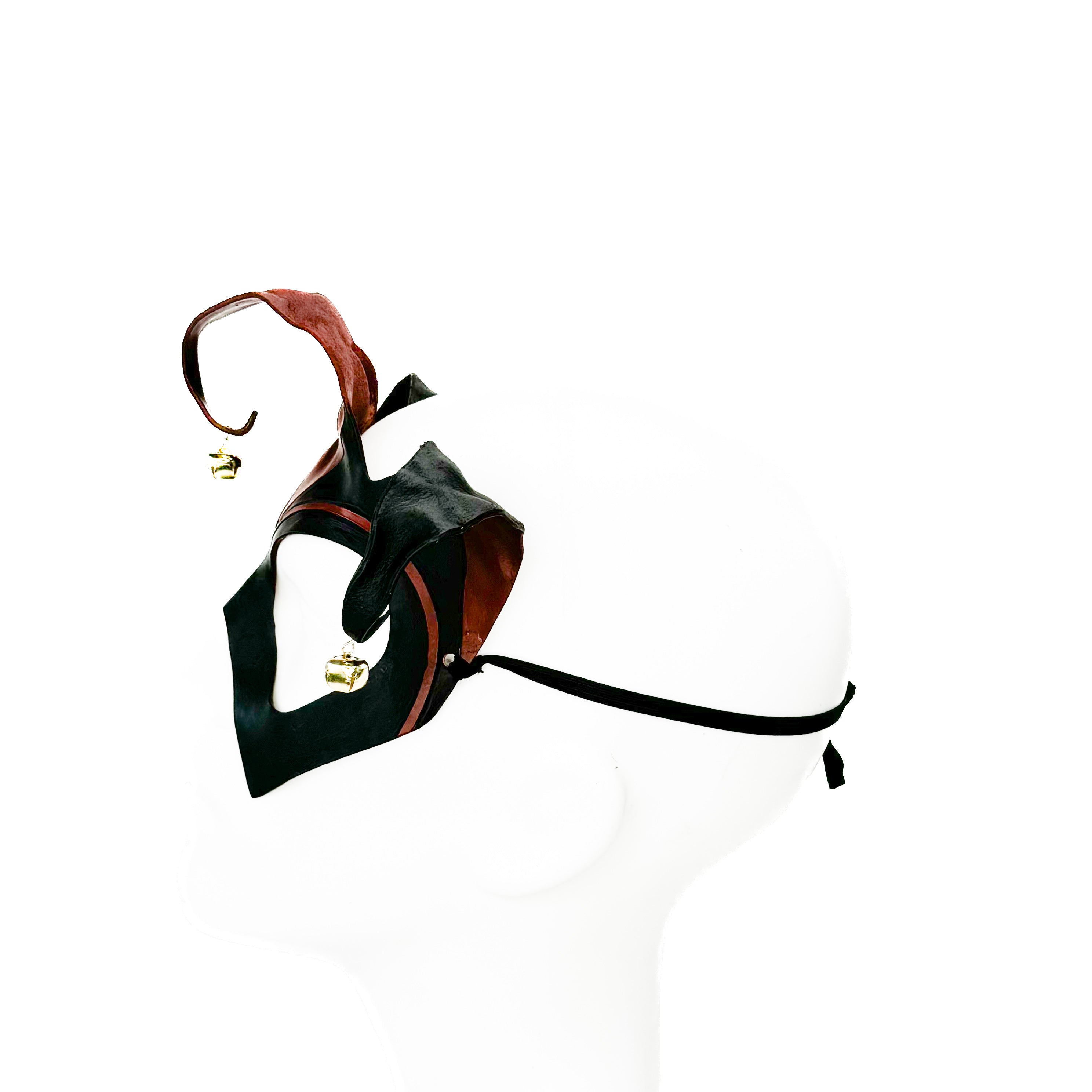 Handmade Genuine Leather Jester Mask in Red and Black with Brass Bells Rockwell Masks