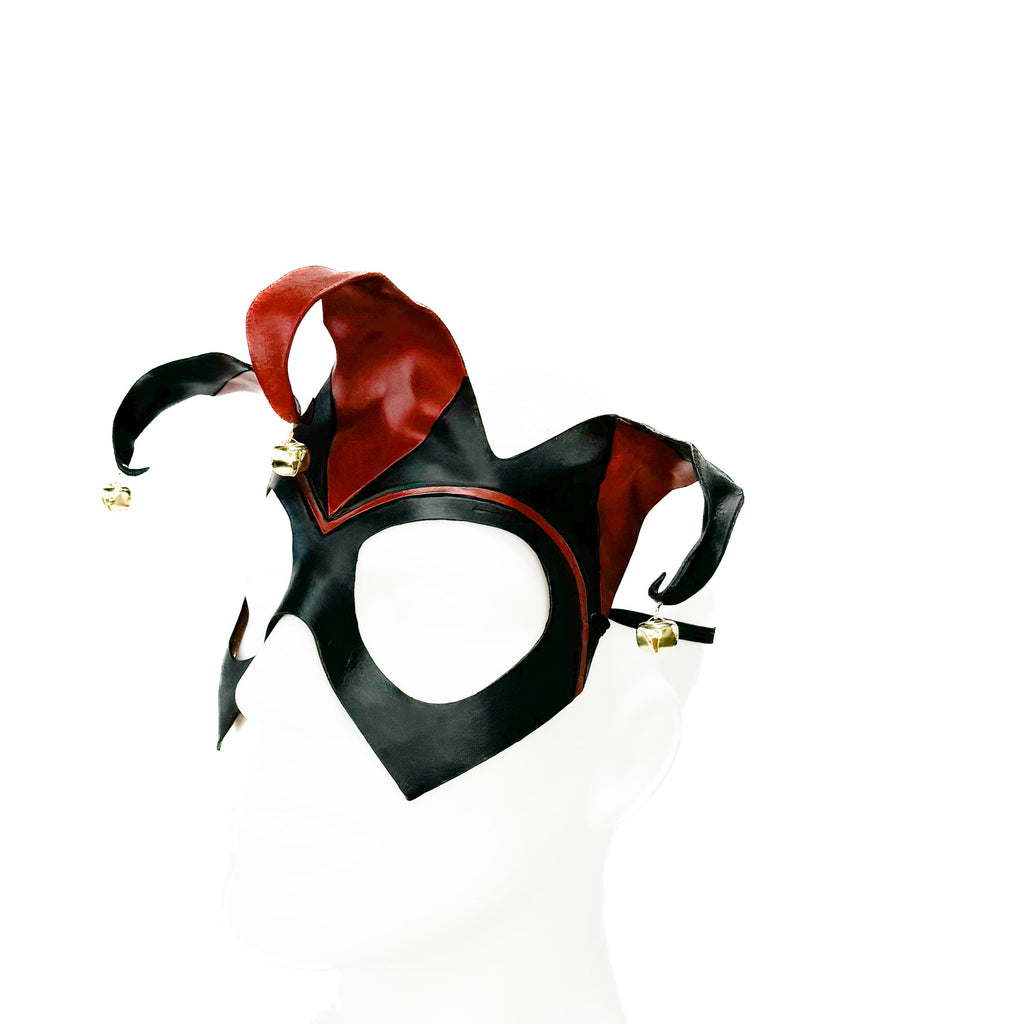 Handmade Genuine Leather Jester Mask in Red and Black with Brass Bells Rockwell Masks