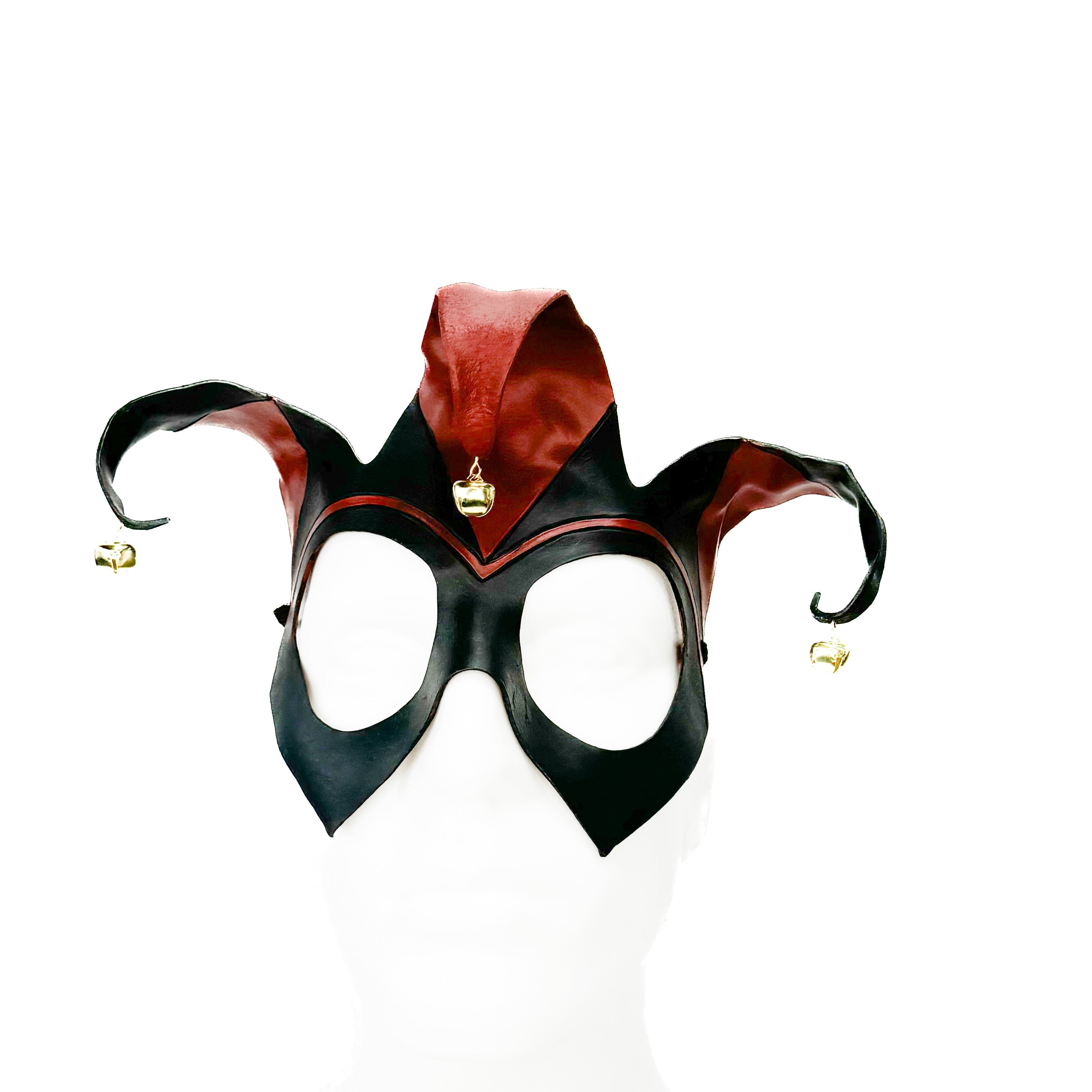 Handmade Genuine Leather Jester Mask in Red and Black with Brass Bells Rockwell Masks