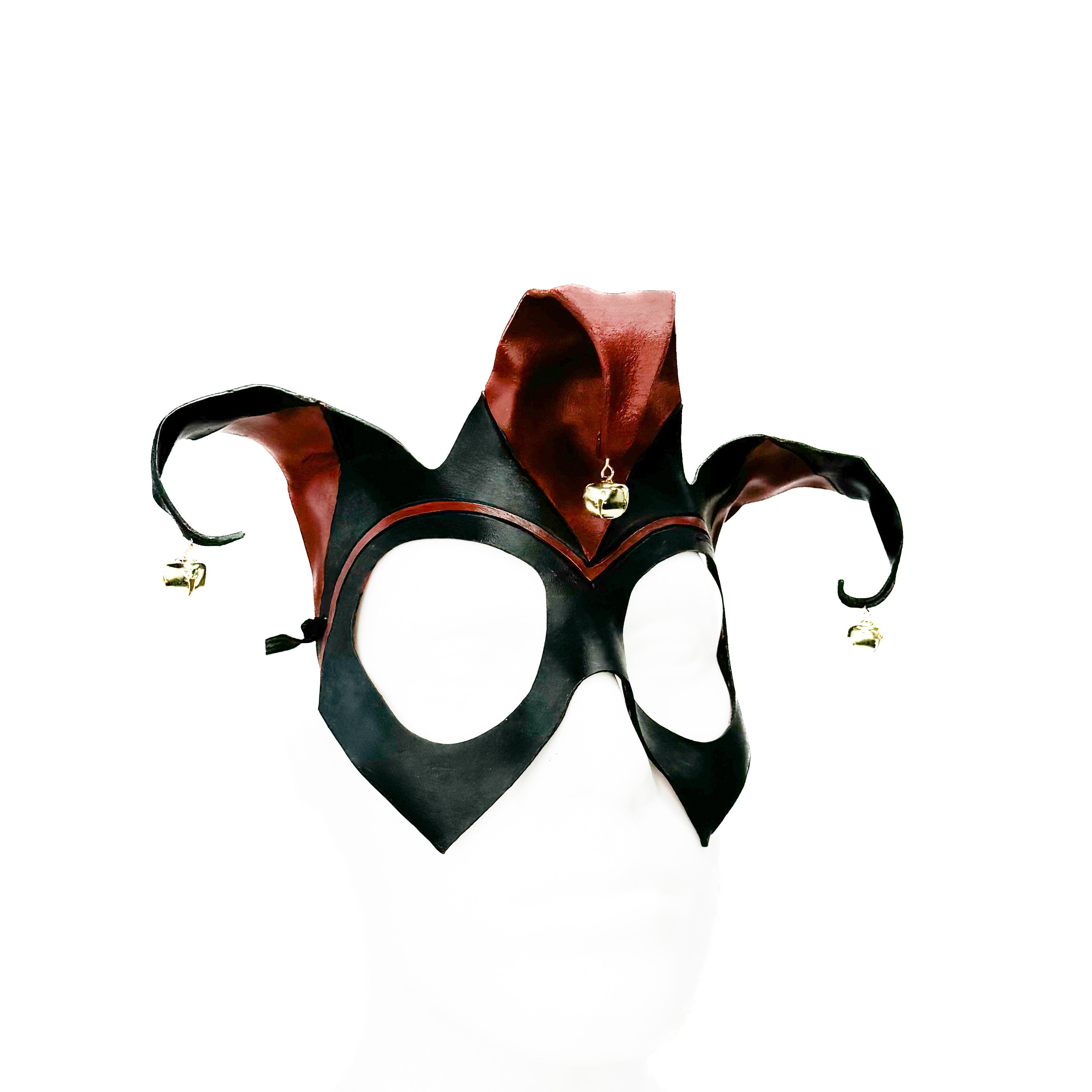 Handmade Genuine Leather Jester Mask in Red and Black with Brass Bells Rockwell Masks