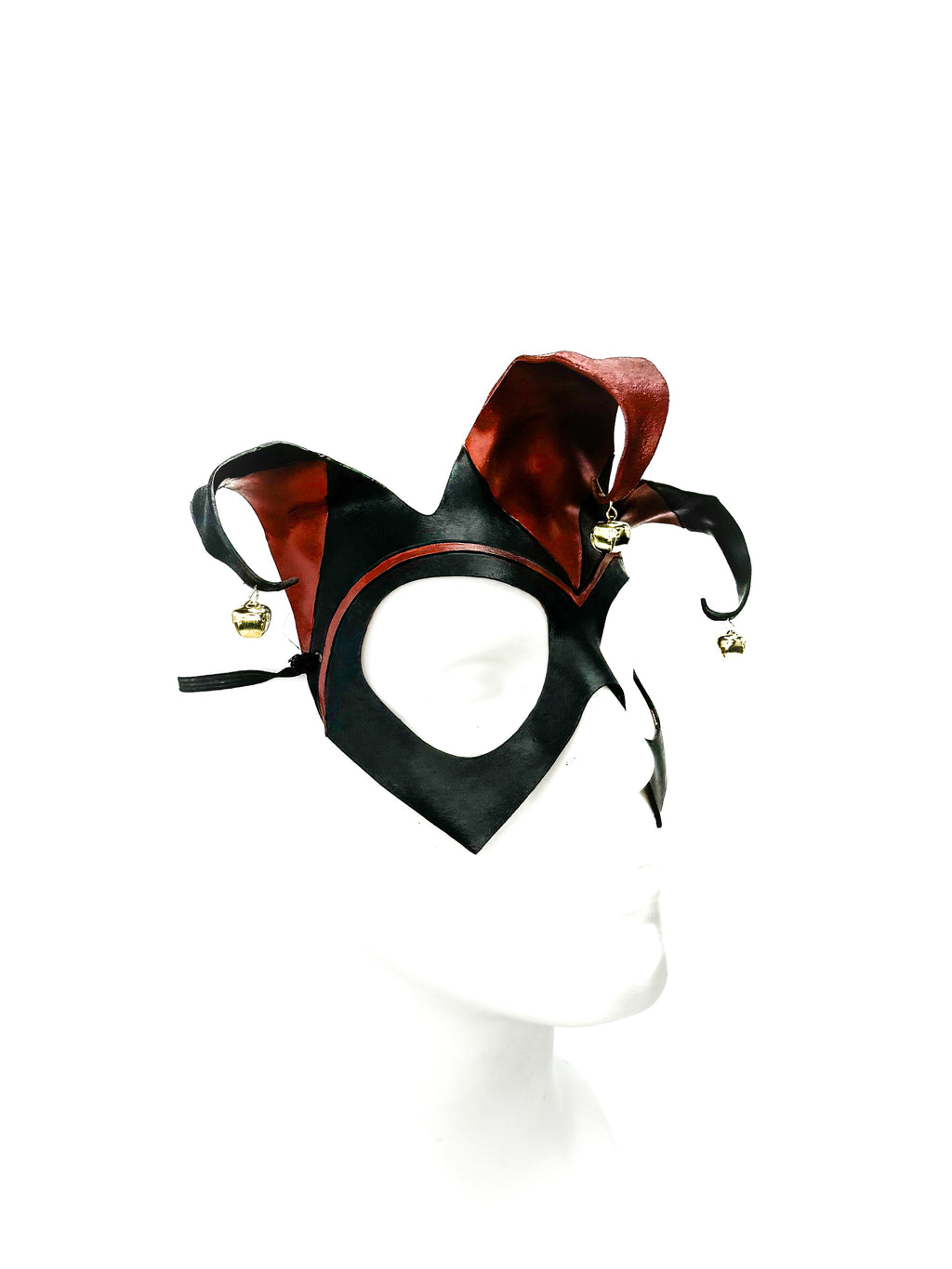 Handmade Genuine Leather Jester Mask in Red and Black with Brass Bells Rockwell Masks