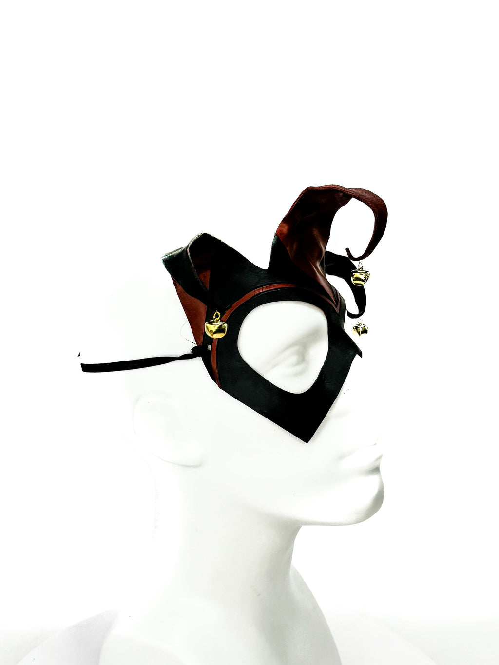 Handmade Genuine Leather Jester Mask in Red and Black with Brass Bells Rockwell Masks
