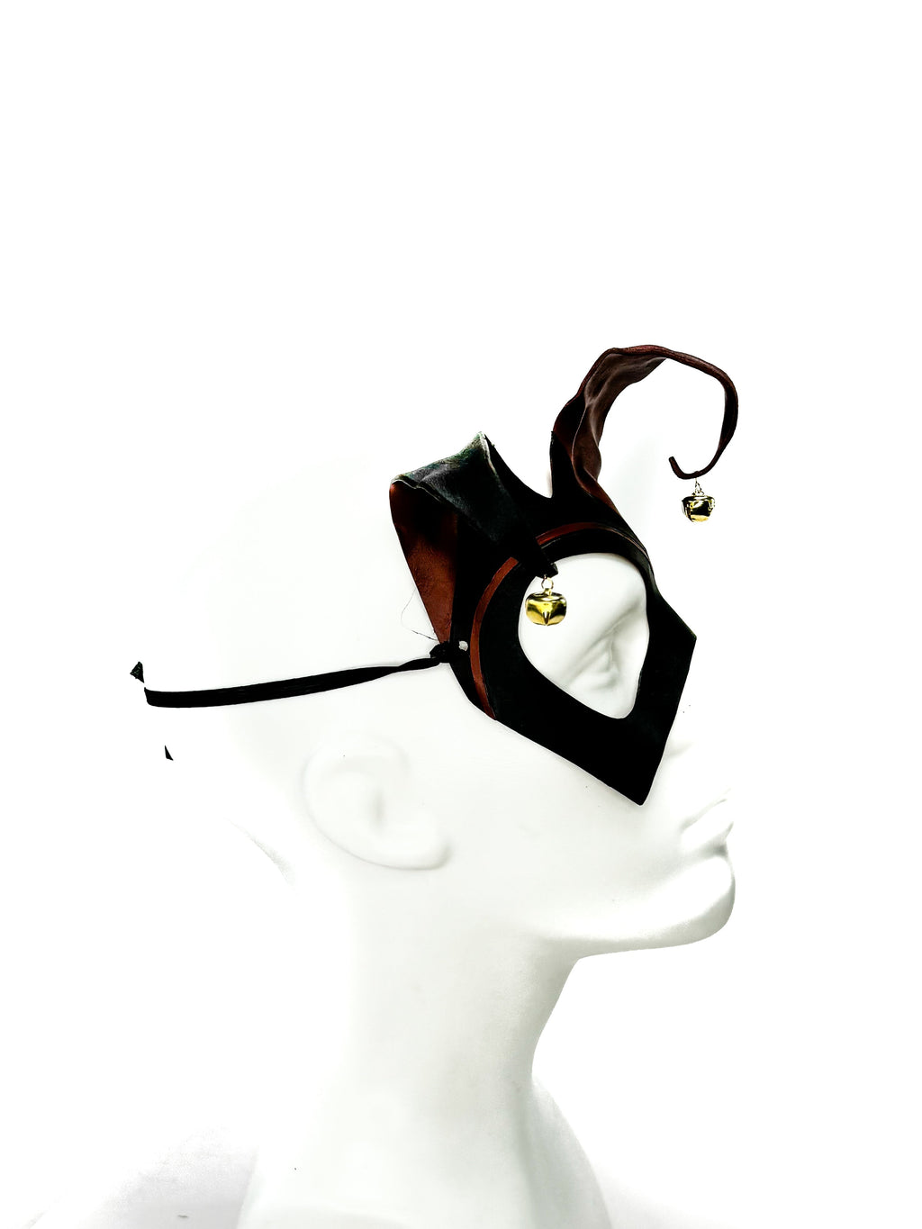 Handmade Genuine Leather Jester Mask in Red and Black with Brass Bells Rockwell Masks