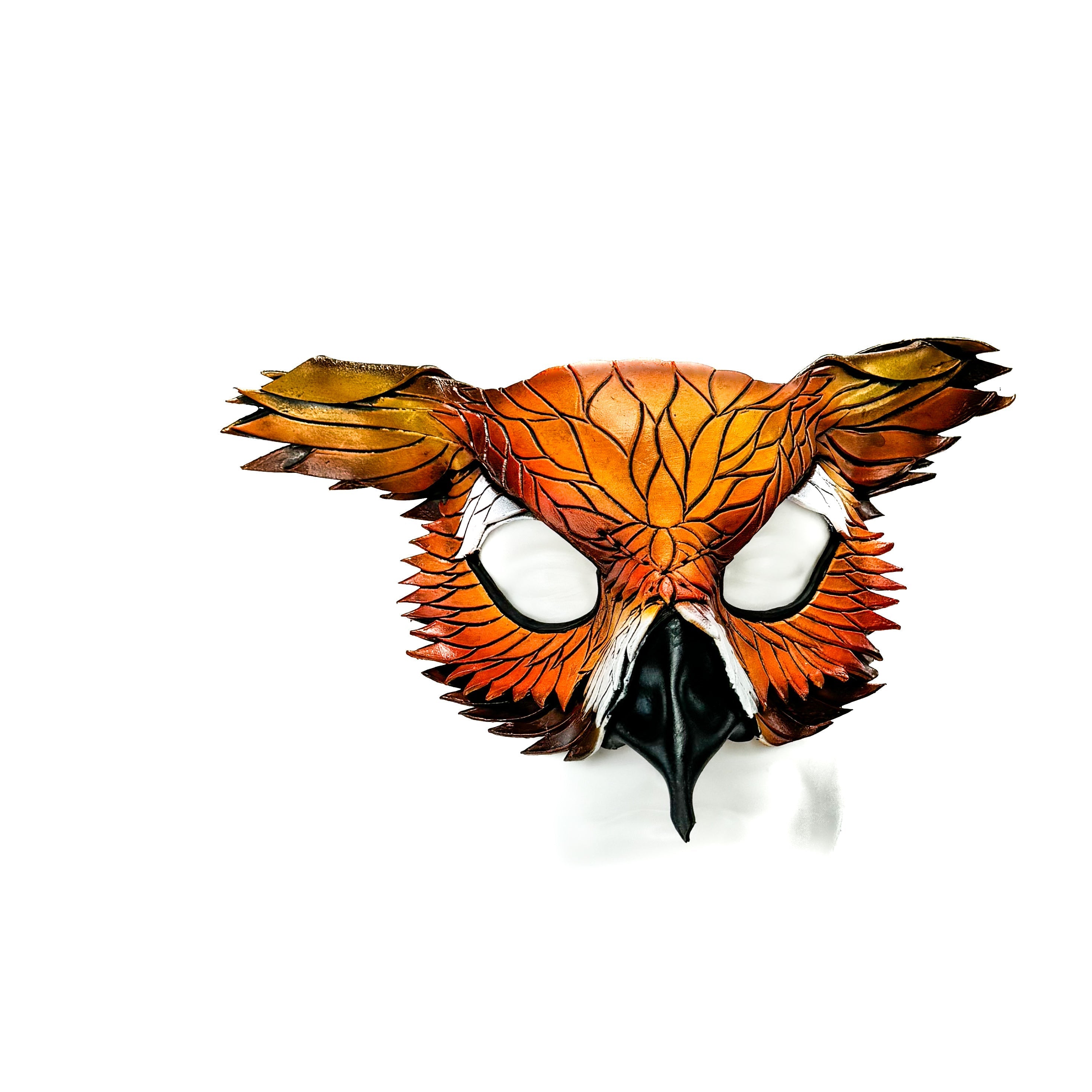Layered Horned Owl Handmade Genuine Leather Mask In Sienna Shades Rockwell Masks