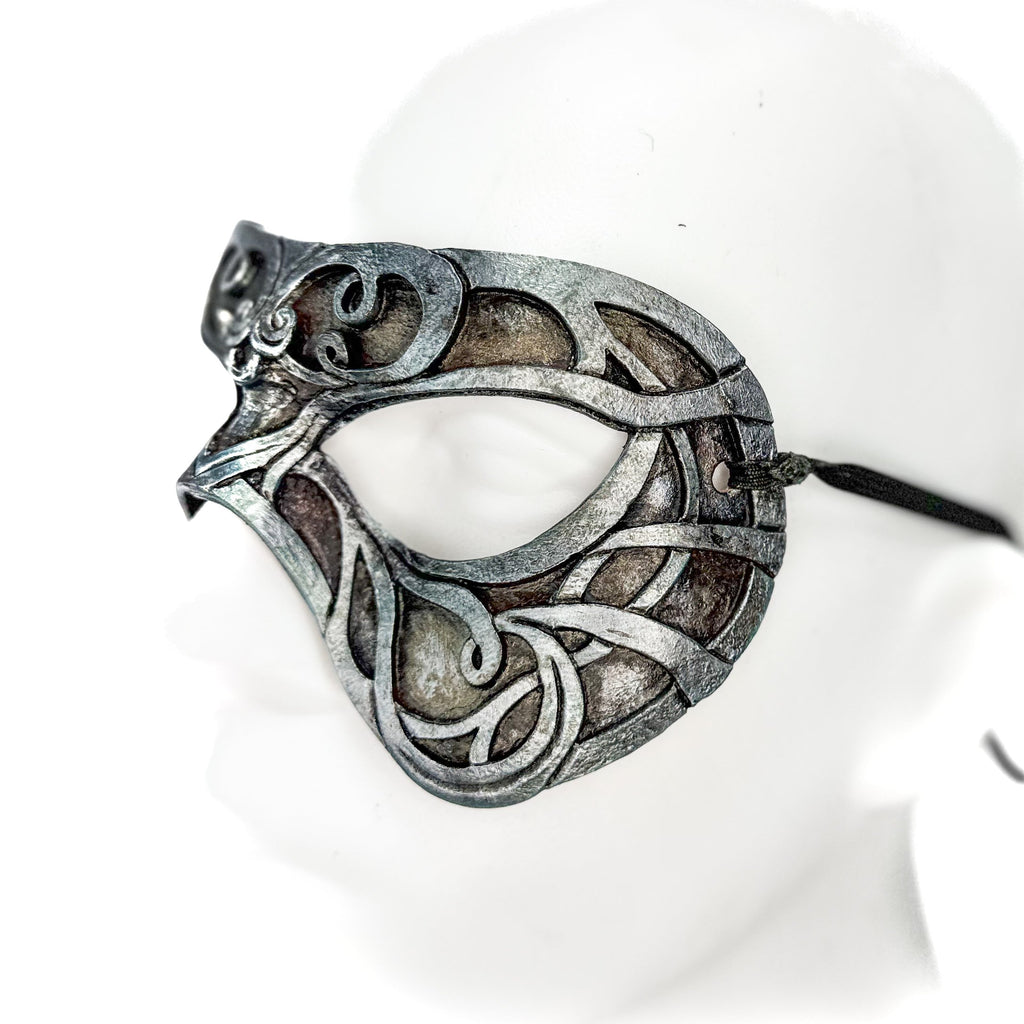Dual Layer Ornate Masquerade Handmade Genuine Leather Eye Mask in Antiqued Silver Rockwell Masks
