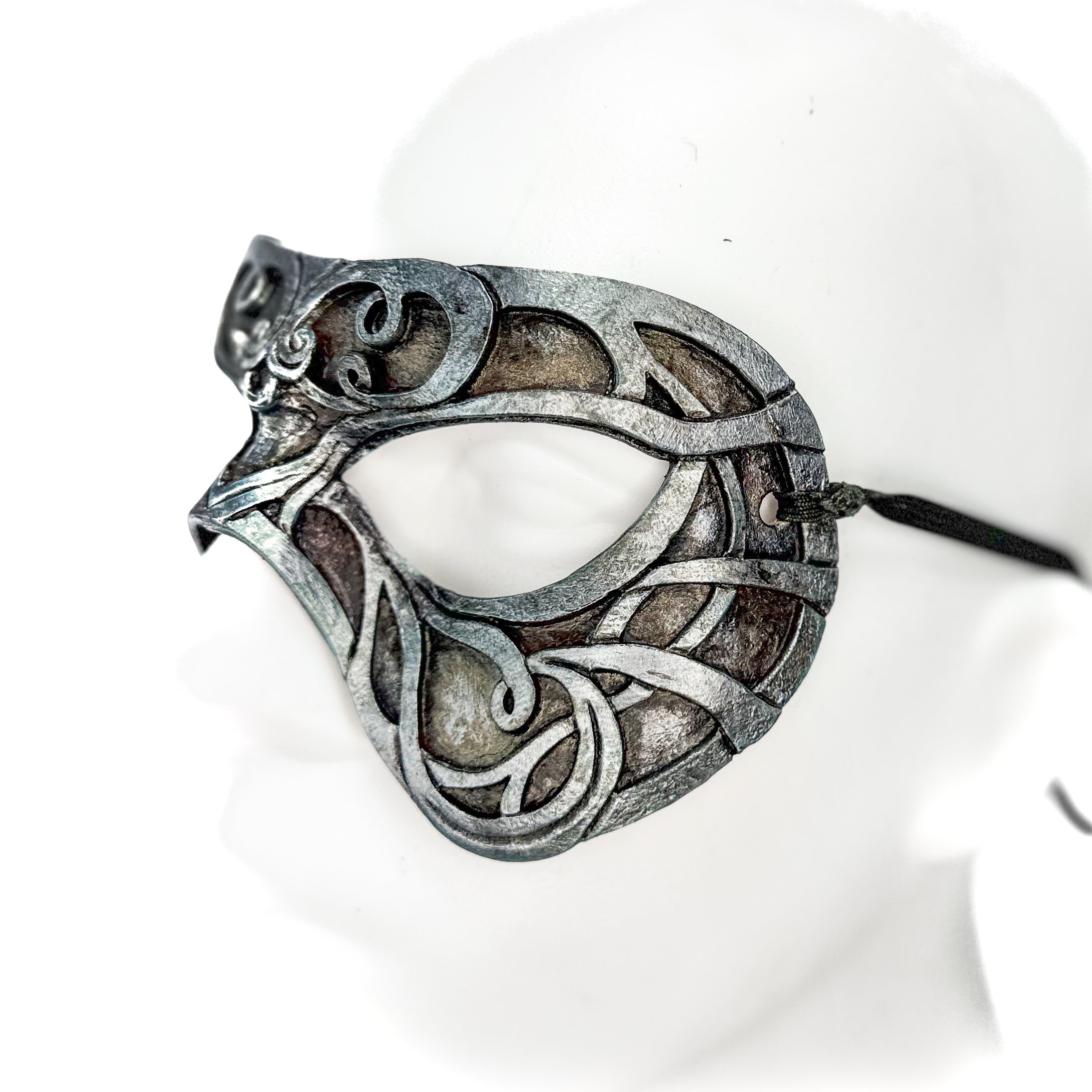 Dual Layer Ornate Masquerade Handmade Genuine Leather Eye Mask in Antiqued Silver Rockwell Masks