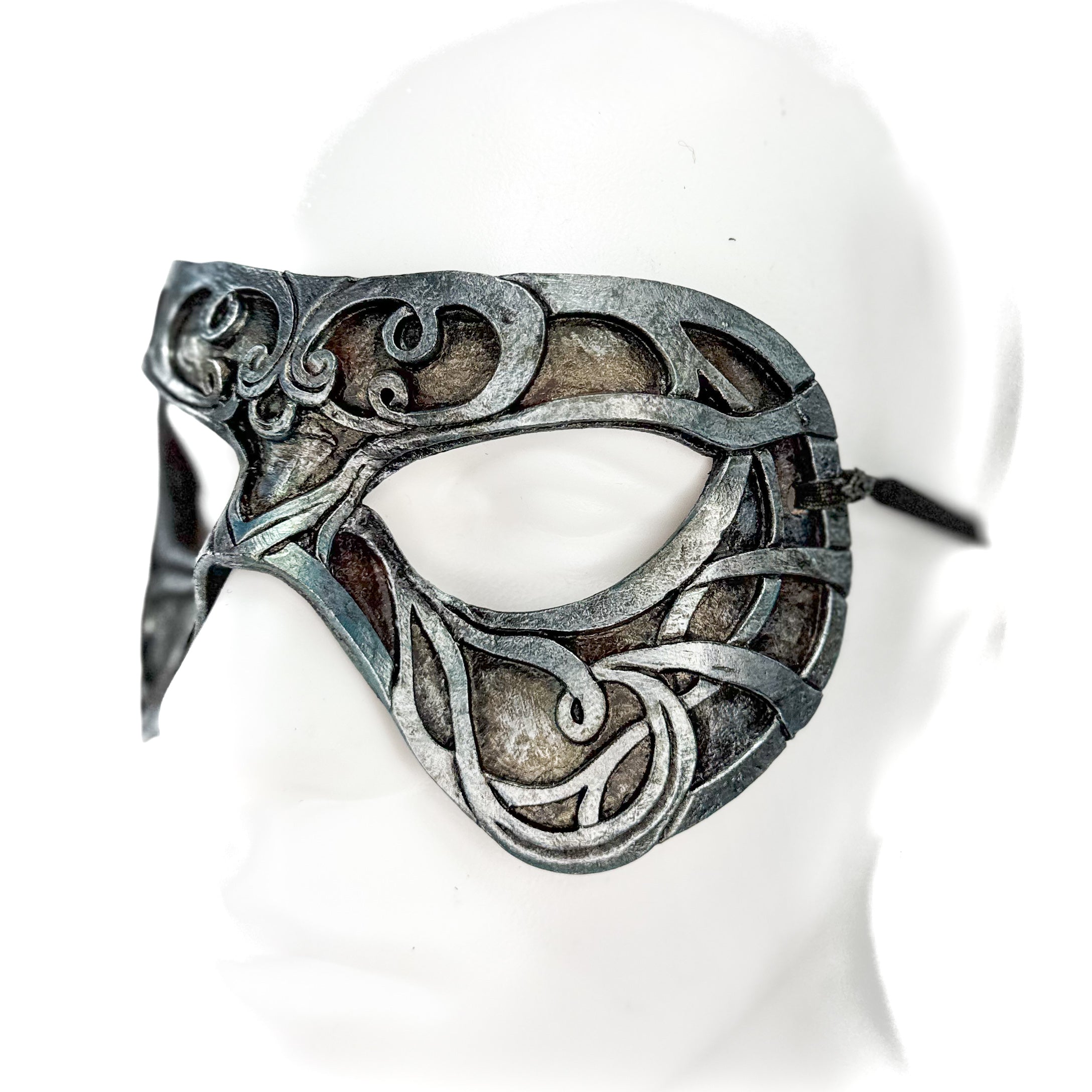 Dual Layer Ornate Masquerade Handmade Genuine Leather Eye Mask in Antiqued Silver Rockwell Masks