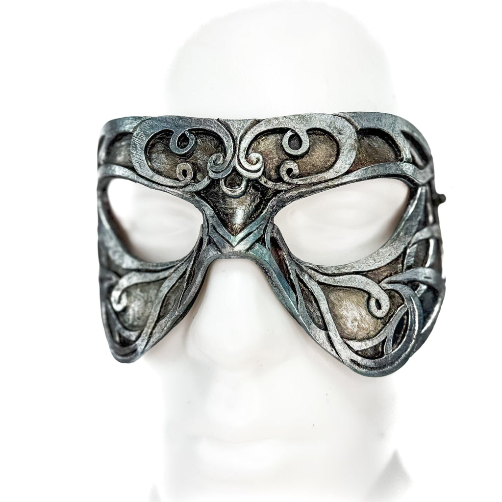Dual Layer Ornate Masquerade Handmade Genuine Leather Eye Mask in Antiqued Silver Rockwell Masks
