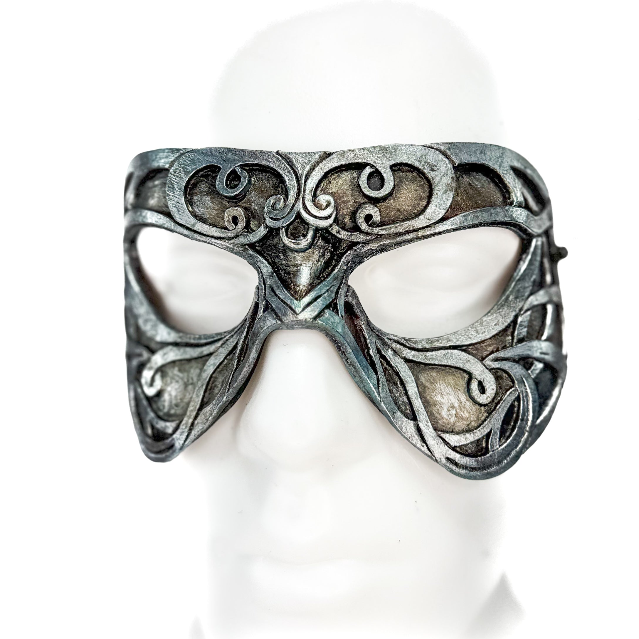 Dual Layer Ornate Masquerade Handmade Genuine Leather Eye Mask in Antiqued Silver Rockwell Masks