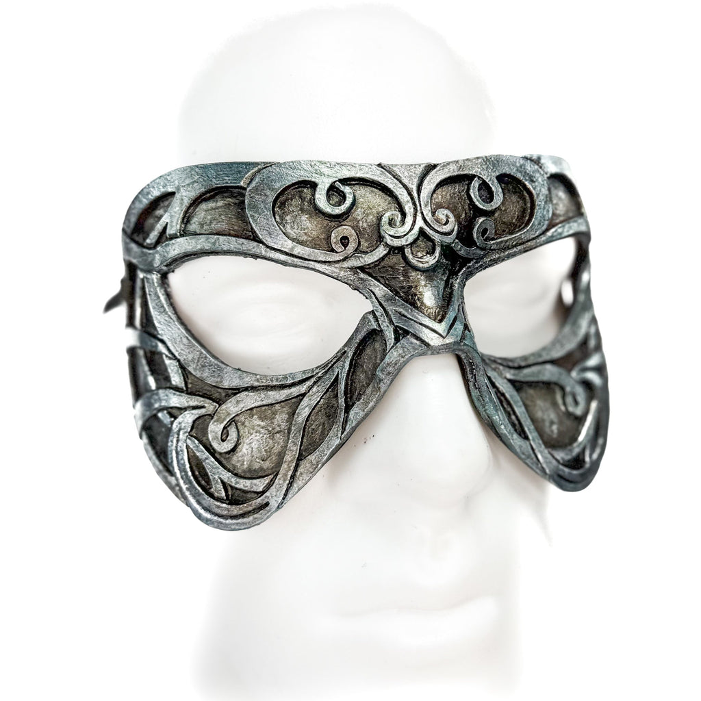 Dual Layer Ornate Masquerade Handmade Genuine Leather Eye Mask in Antiqued Silver Rockwell Masks