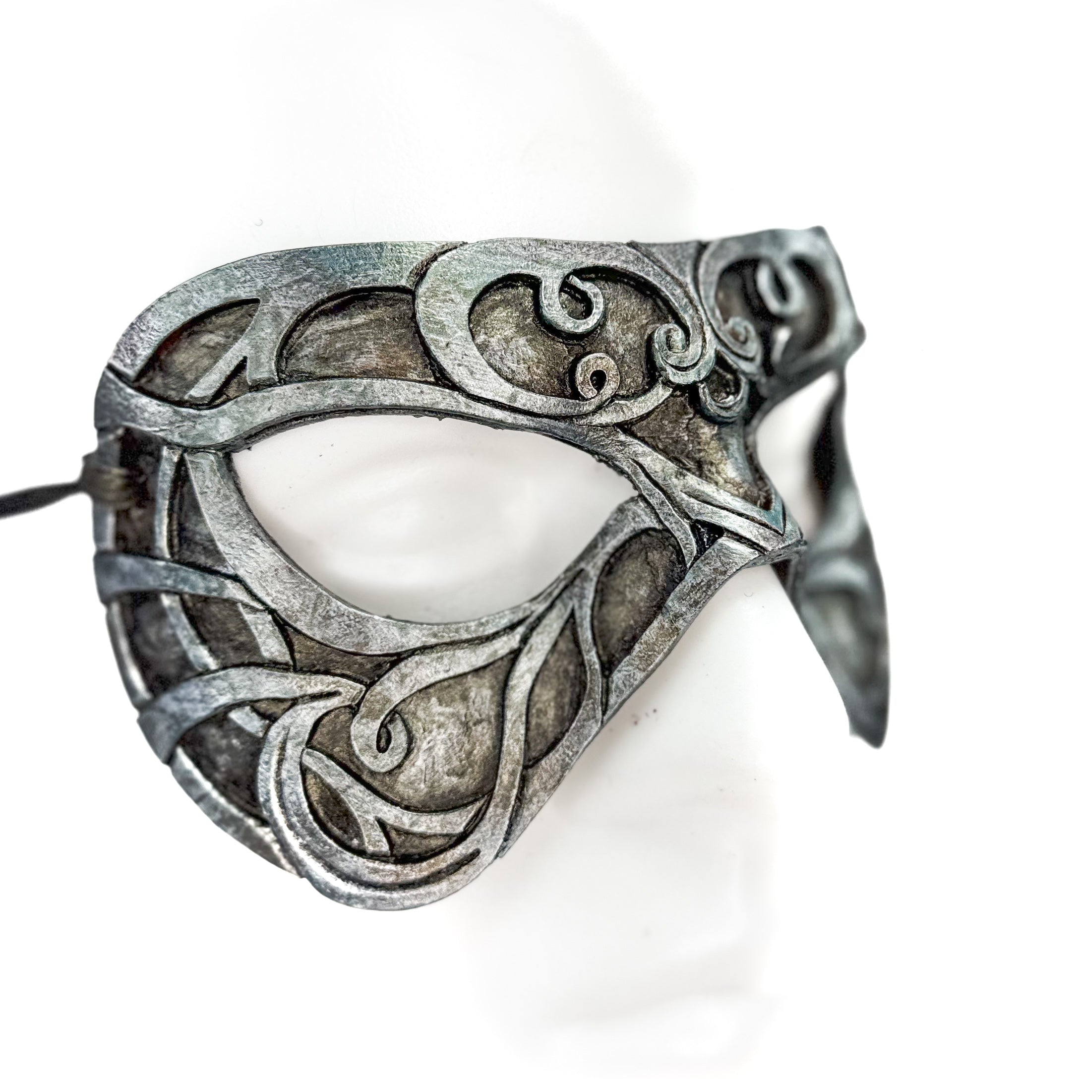 Dual Layer Ornate Masquerade Handmade Genuine Leather Eye Mask in Antiqued Silver Rockwell Masks