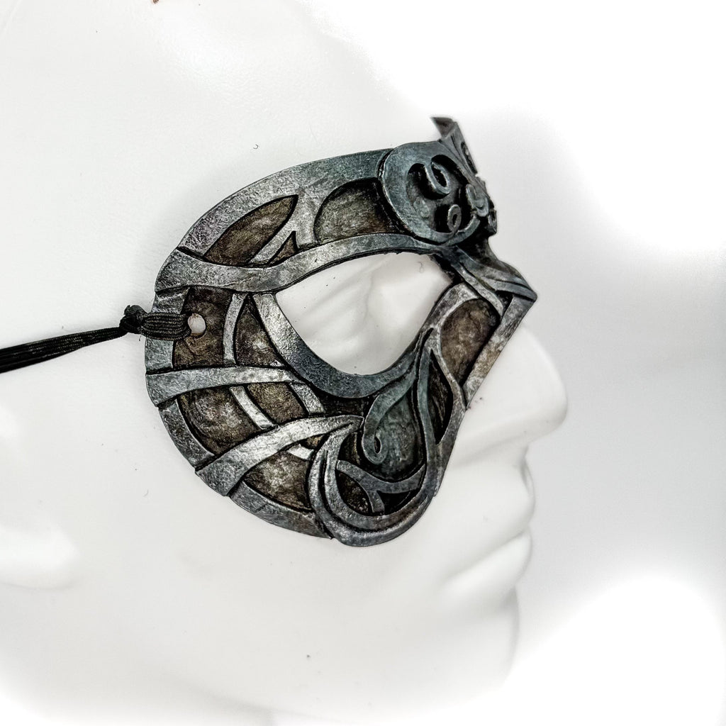 Dual Layer Ornate Masquerade Handmade Genuine Leather Eye Mask in Antiqued Silver Rockwell Masks