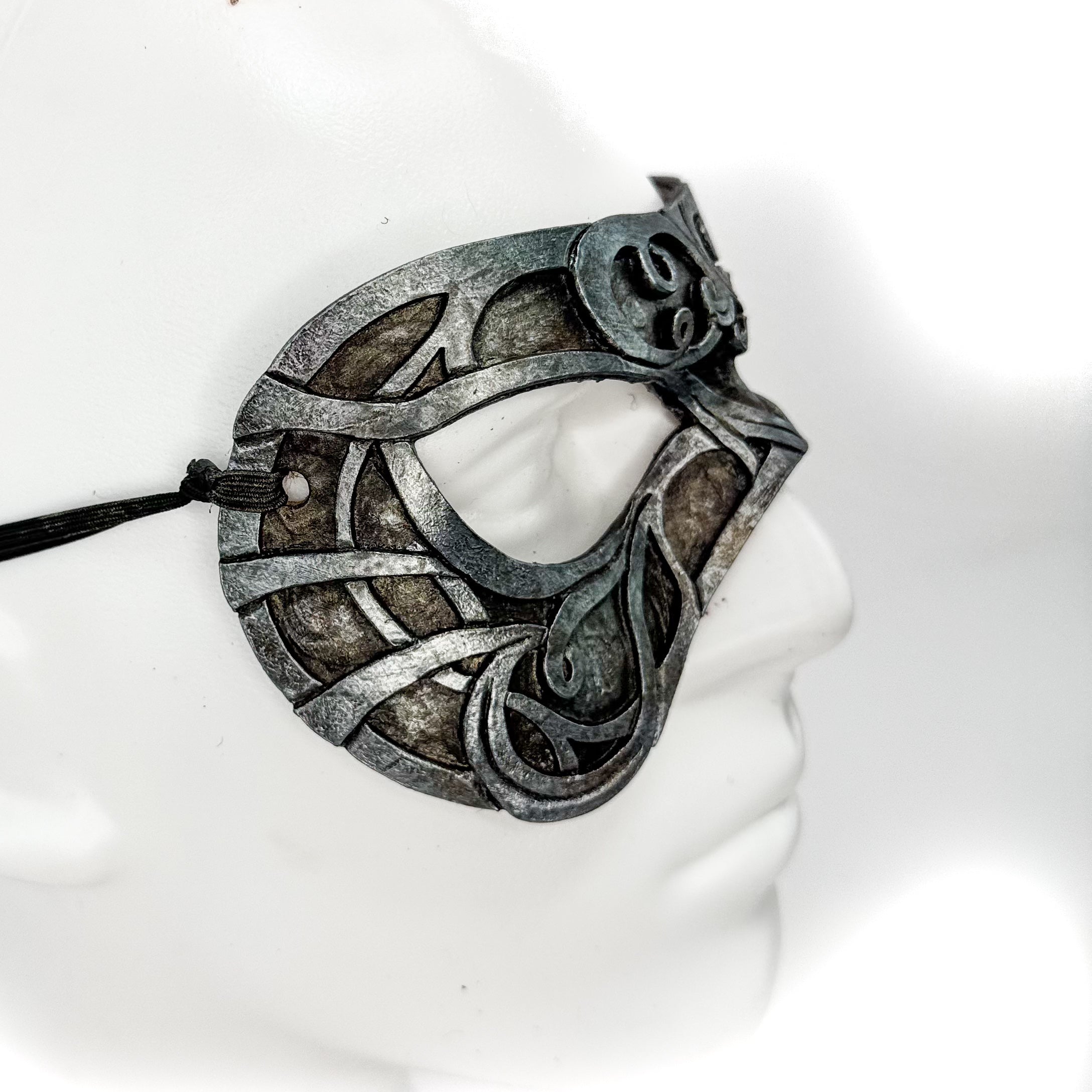 Dual Layer Ornate Masquerade Handmade Genuine Leather Eye Mask in Antiqued Silver Rockwell Masks