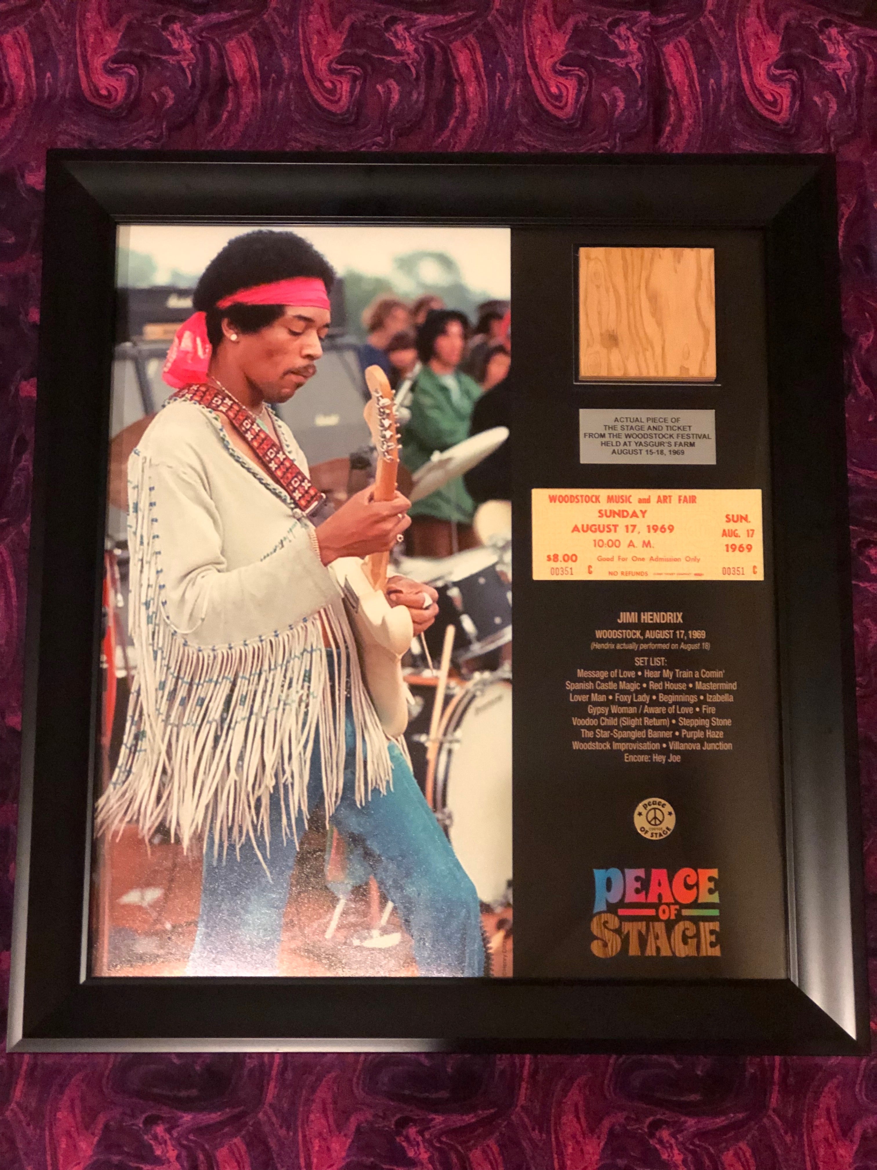 Limited Edition Jimi Hendrix Frame with Piece of 1969 Woodstock Stage and Original Ticket Peace Of Stage LLC