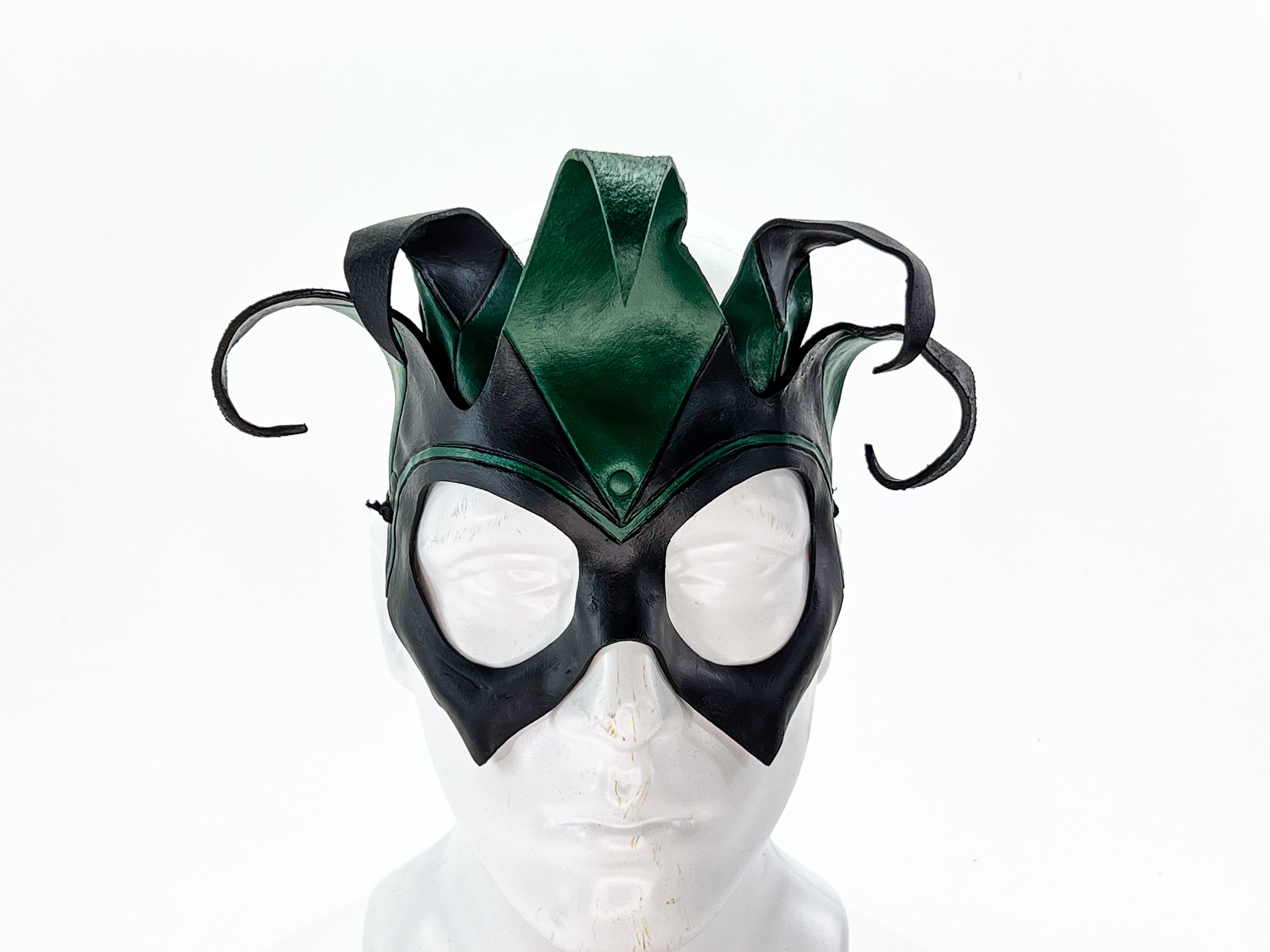Handmade Genuine Leather Five Point Jester Mask in Green and Black No Bells Rockwell Masks